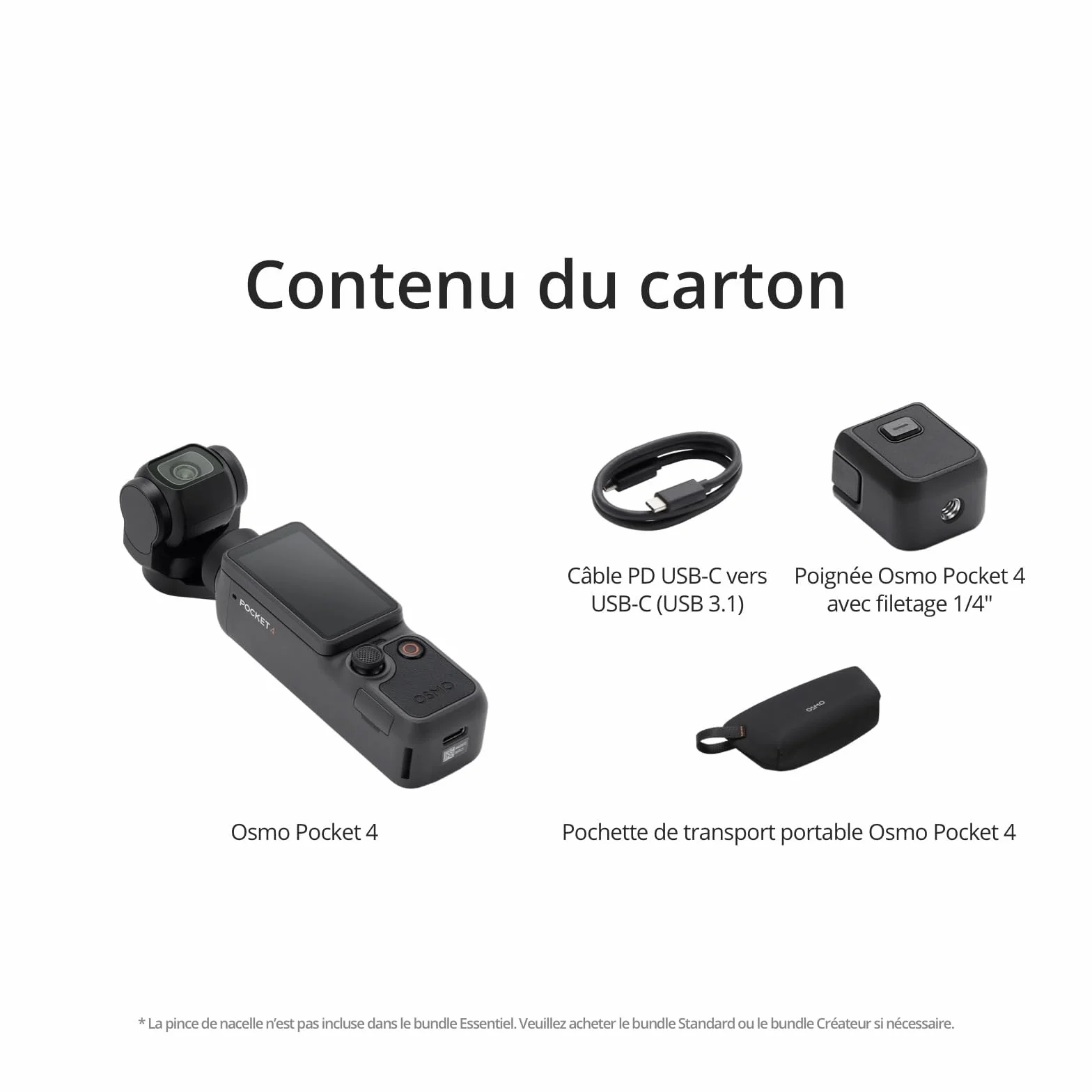 DJI Osmo Pocket 4 Essential Combo, caméra de vlogging avec stabilisateur de Poche, capteur CMOS 1 Pouce, 4K/240 IPS, stabilisation 3 Axes, mémoire 107 Go