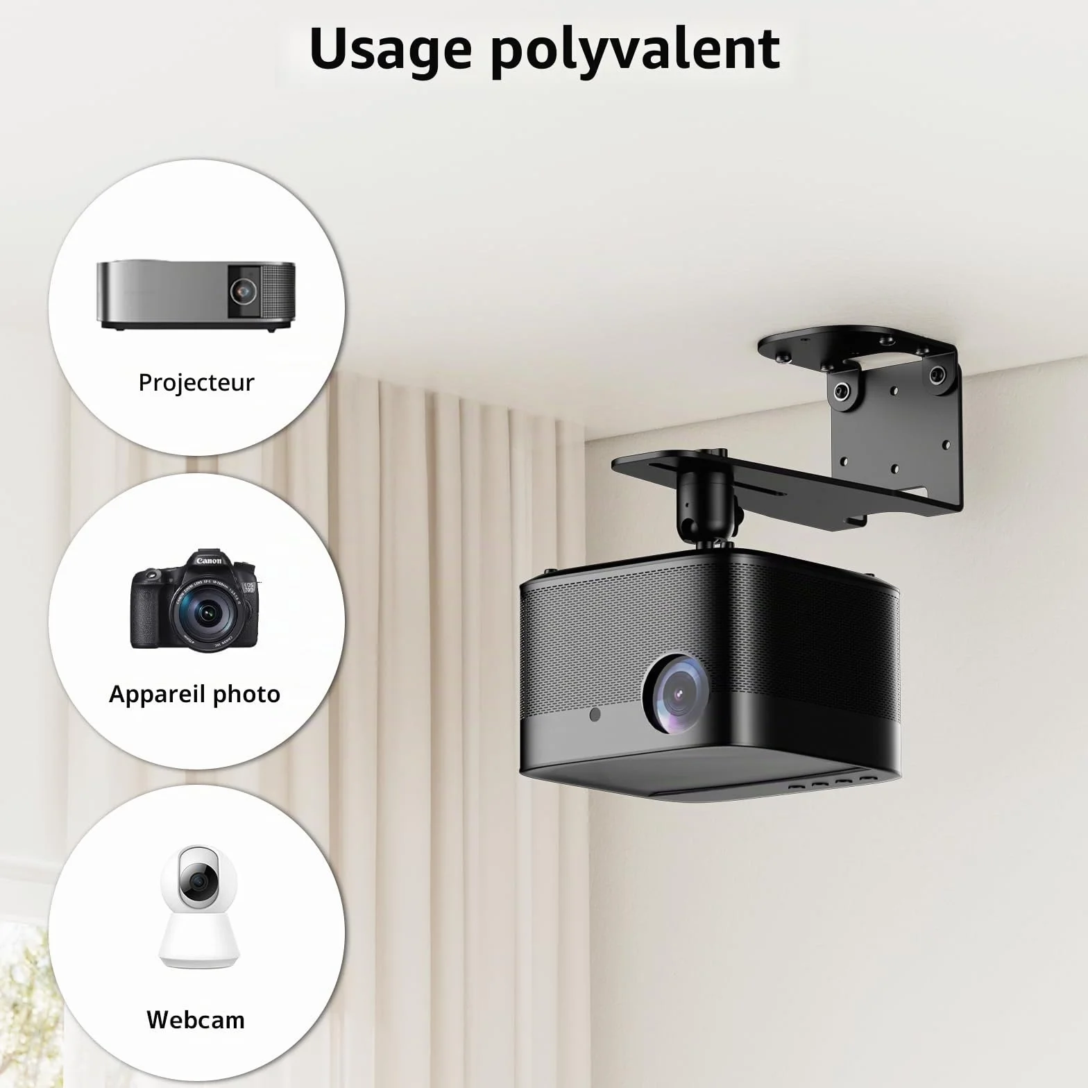Support Universel Projecteur Plafond Mural Fixation 1/4", Capacité 10 kg, Rotation 360°, Ajustement 12 cm