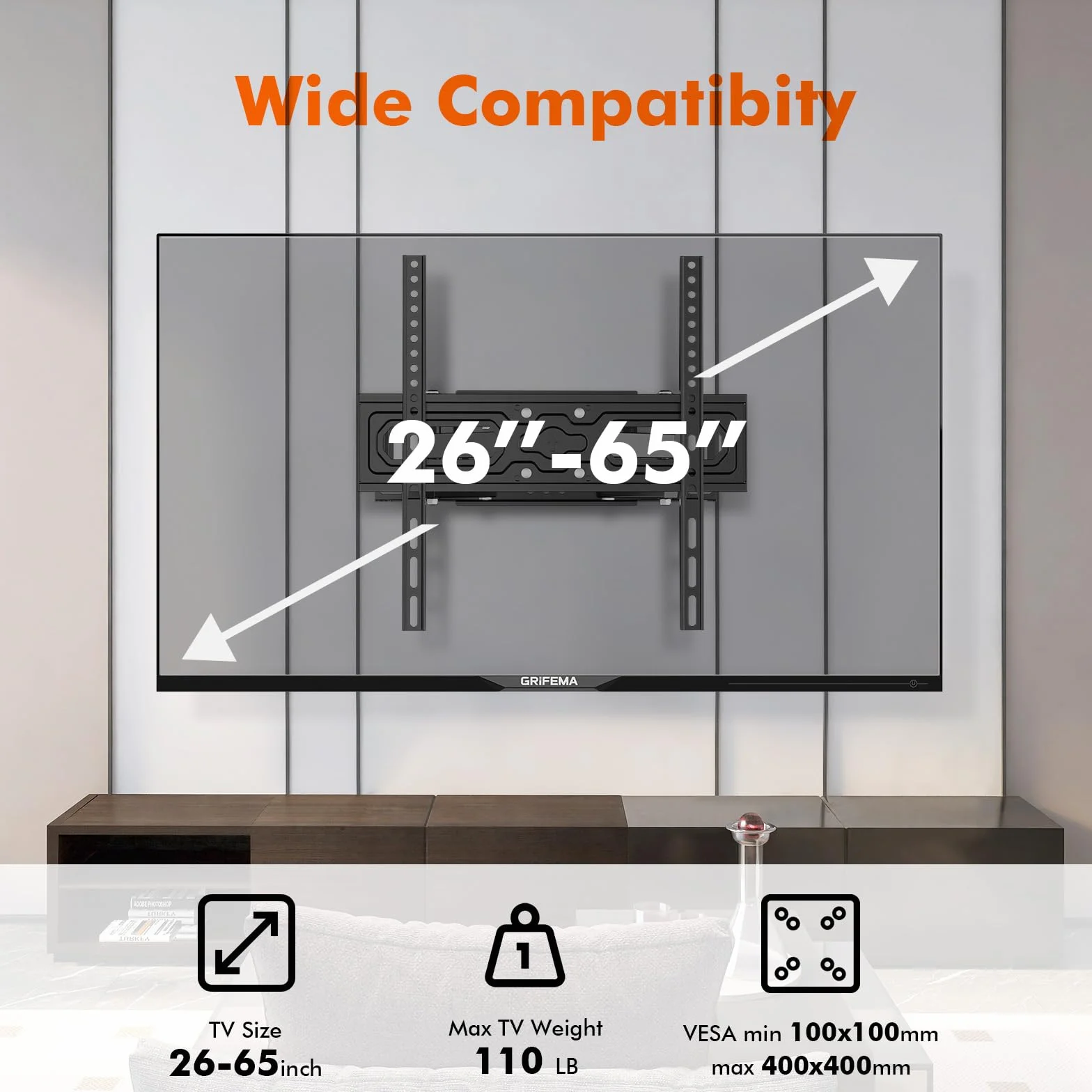 GRIFEMA GB1006-4 Support Mural TV 26-65 Pouces, Fixation Murale TV Contenir Jusqu'à 35KG, Accroche Television Mural Orientable,Inclinable et Extensible, Max Vesa 400x400mm pour Plat/Incurvé