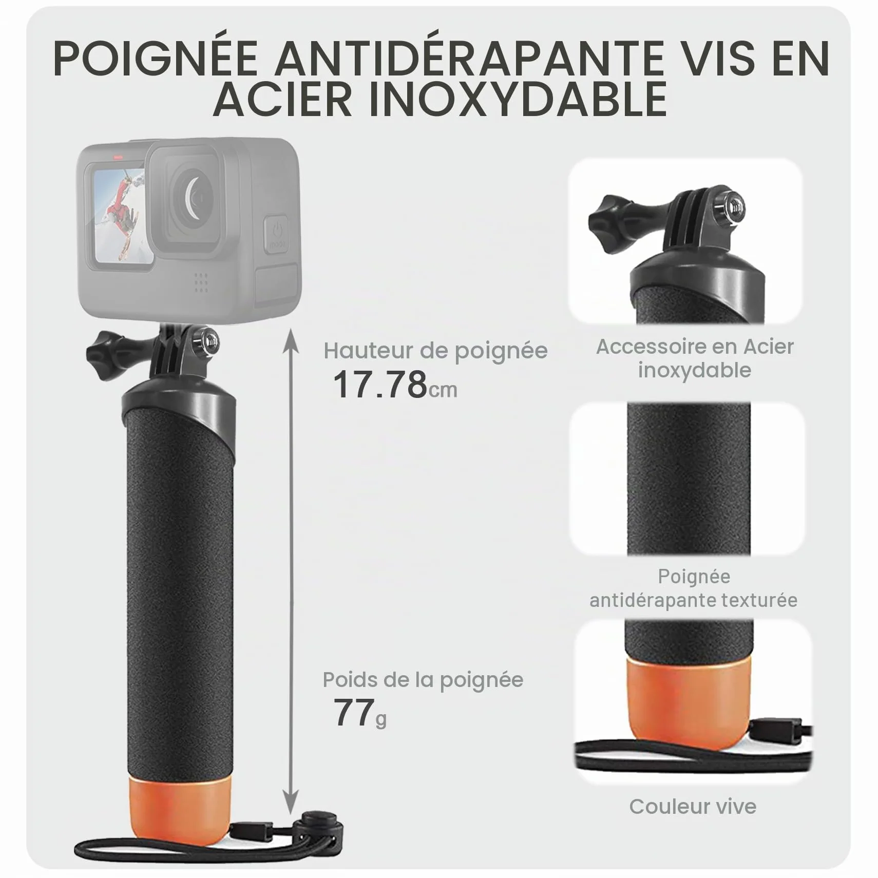 FitStill Monopode étanche avec poignée flottante + corde en acier Cored de sécurité pour caméras d'action Go Pro Hero Session DJI Osmo plongée sous-marine Selfie Stick