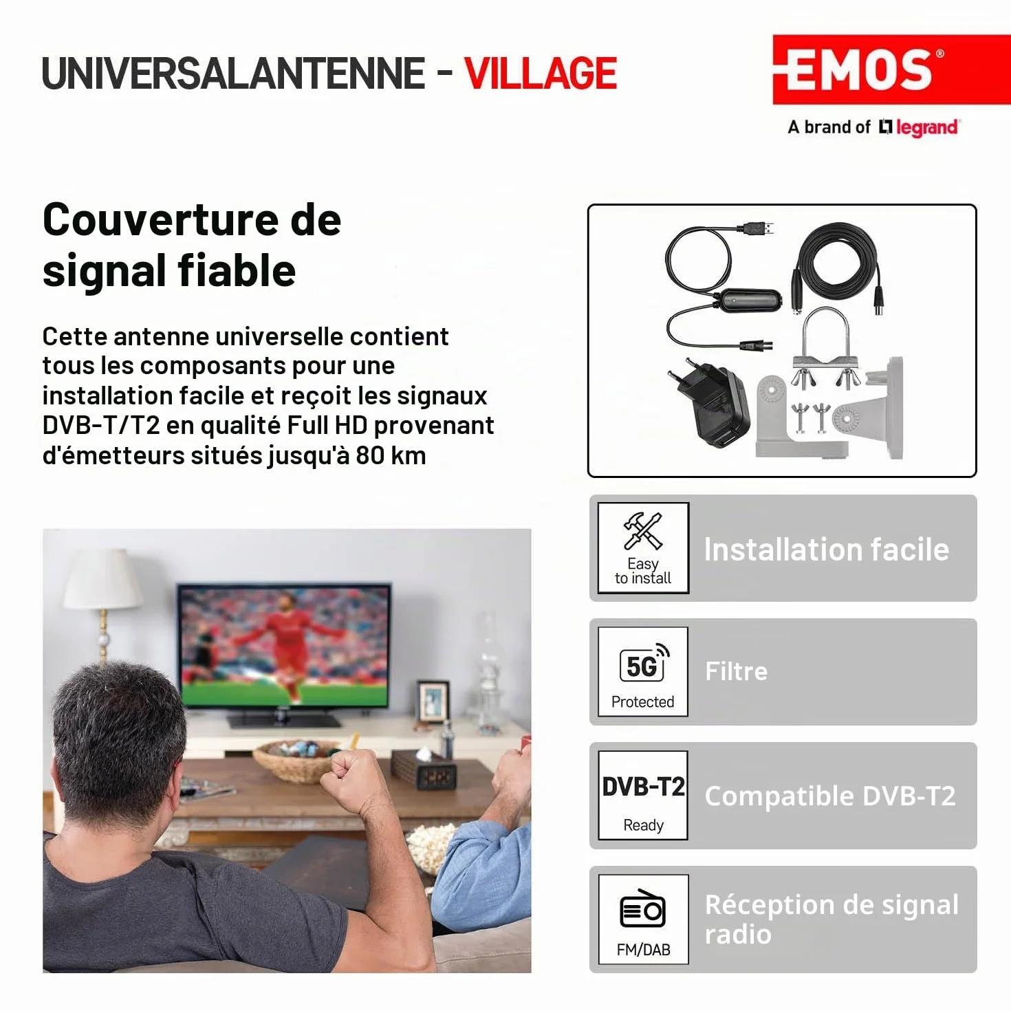 EMOS - Antenne numérique avec amplificateur - pour l'extérieur - Antenne Active Village - Portée 0-80 km - FM/Dab/DVB-T/DVB-T2 - Filtre LTE/4G/5G intégré - Angle de réception 360°