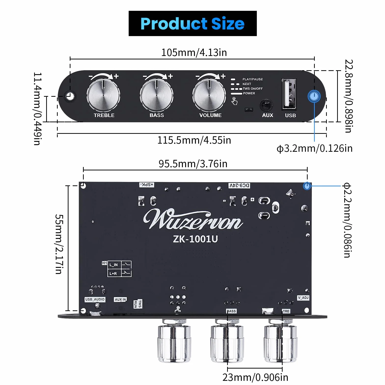 ZK-1001U Amplificateur audio Bluetooth 5.3 100W Stéréo HiFi avec entrée TB/USB/AUX