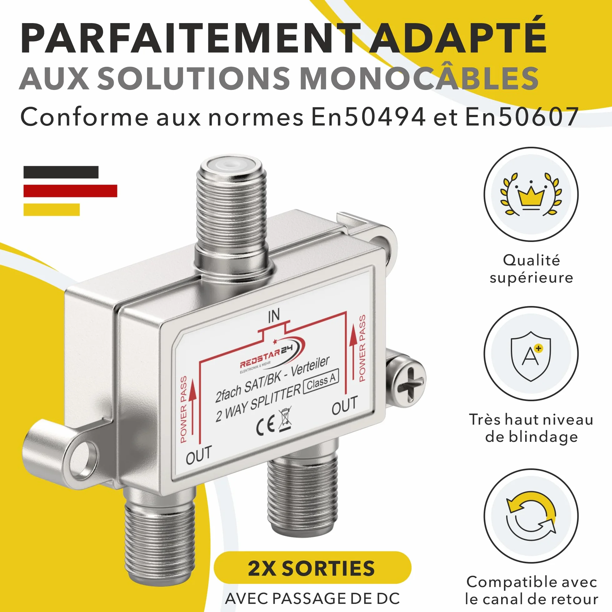 Redstar Répartiteur TV SAT 2 voies - Distributeur antenne satellite HDTV UHD 4K DVB-S/S2 DVB-T/T2 DVB-C/C2 boîtier blindé