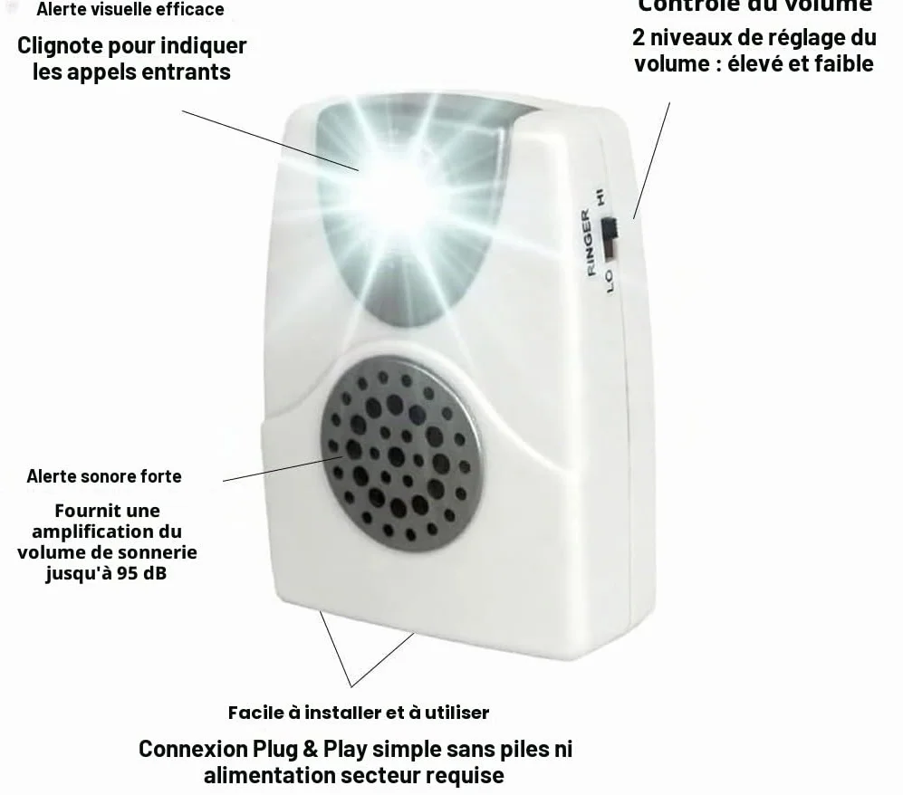 Amplificateur de sonnerie téléphonique VOCA TA002 avec lumière clignotante, jusqu'à 105 dB, pour téléphones fixes, montage mural, idéal pour les environnements bruyants et les personnes malentendantes