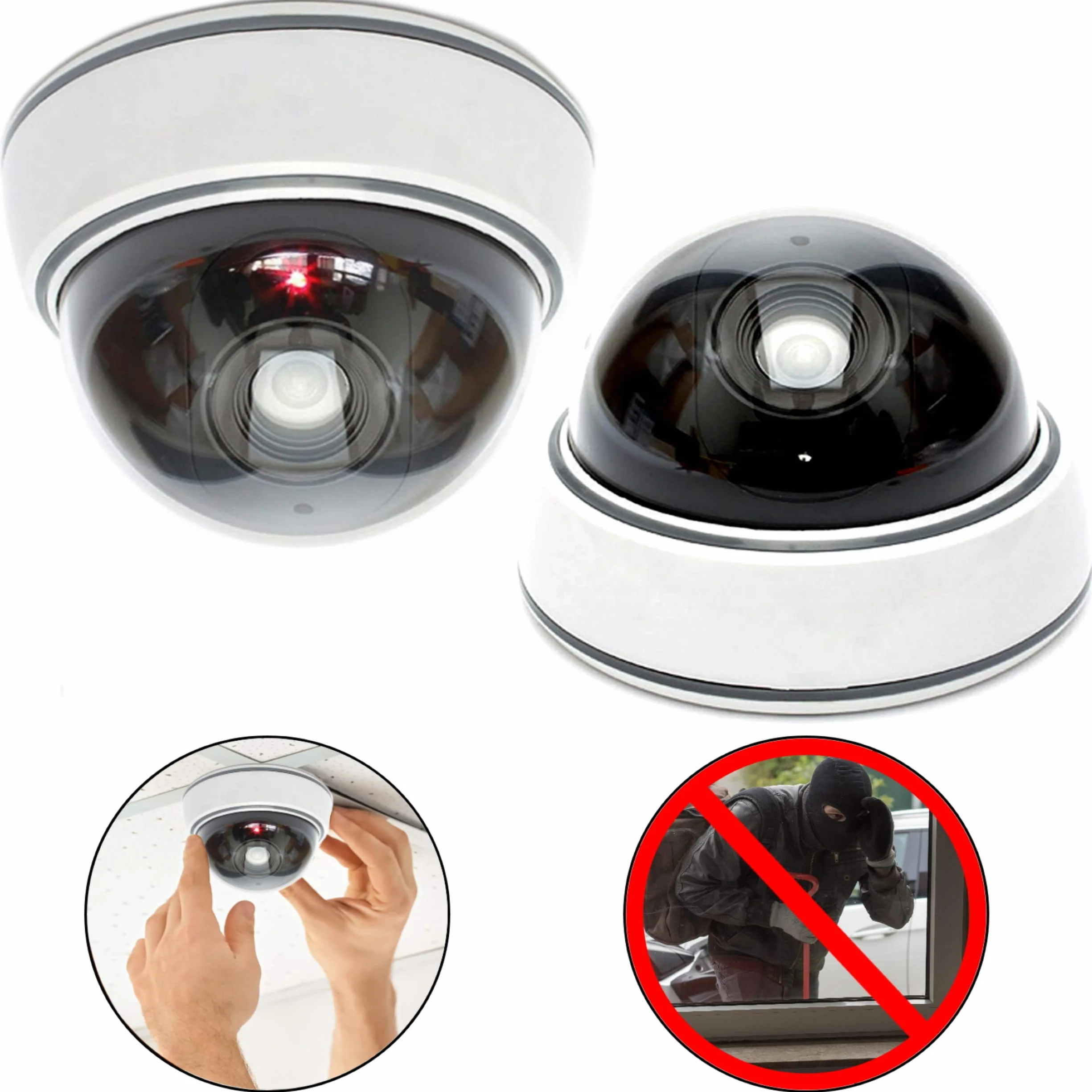 O&W Security Lot de 2 caméras dôme factice professionnelles avec LED clignotante avec objectif et clignotant