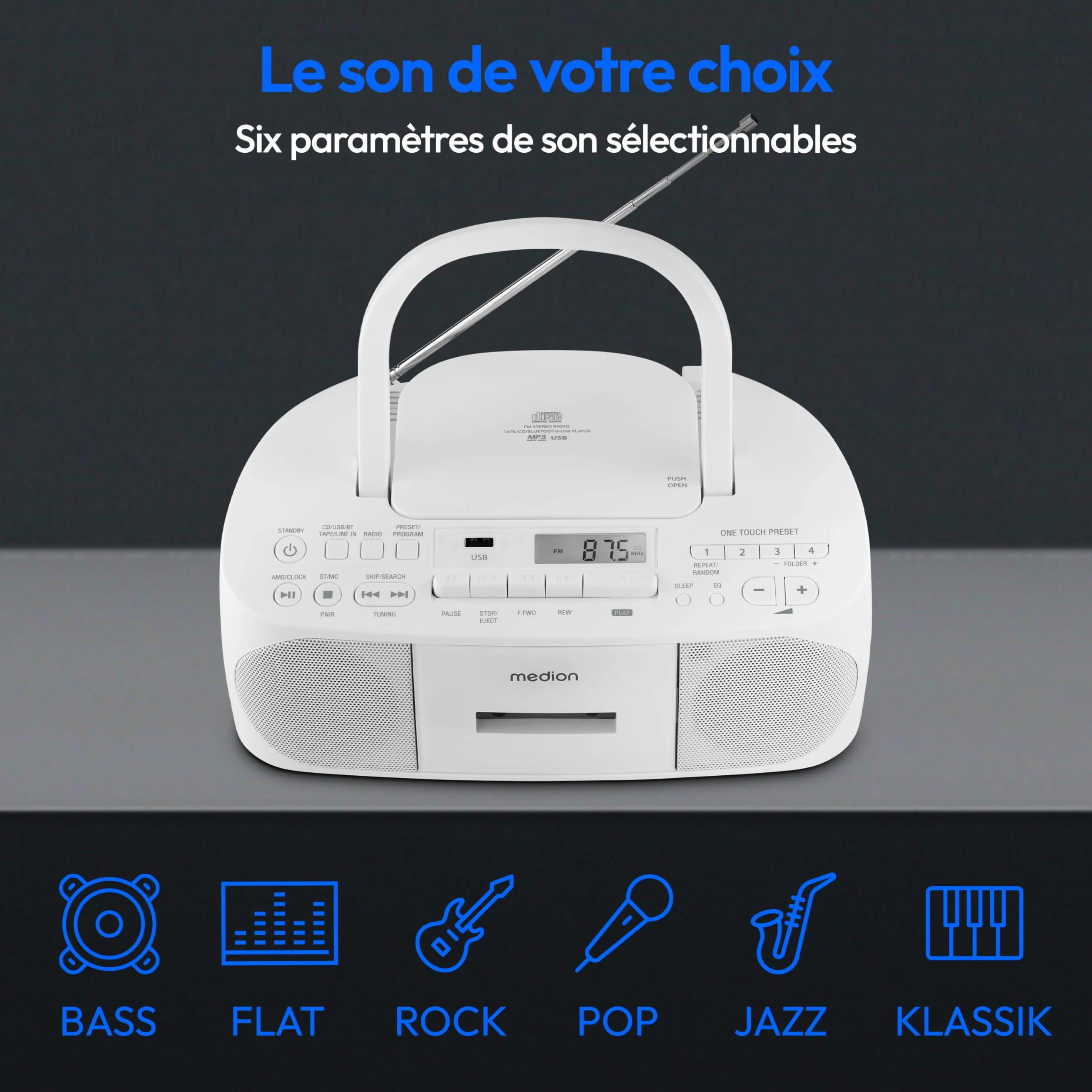 MEDION Radio Stéréo E65010 Lecteur CD Cassette USB AUX MP3 FM PLL 40 Stations Batterie Télécommande Blanc