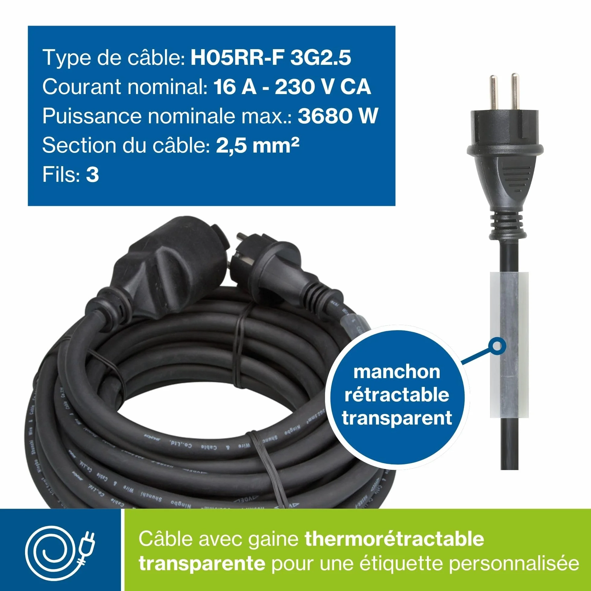 HQ-Power Rallonge, avec gaine rétractile, H05RR-F 3G2.5, 15 m, 16 A/230 V, 3680 W, type E/F, IP44, caoutchouc, noir