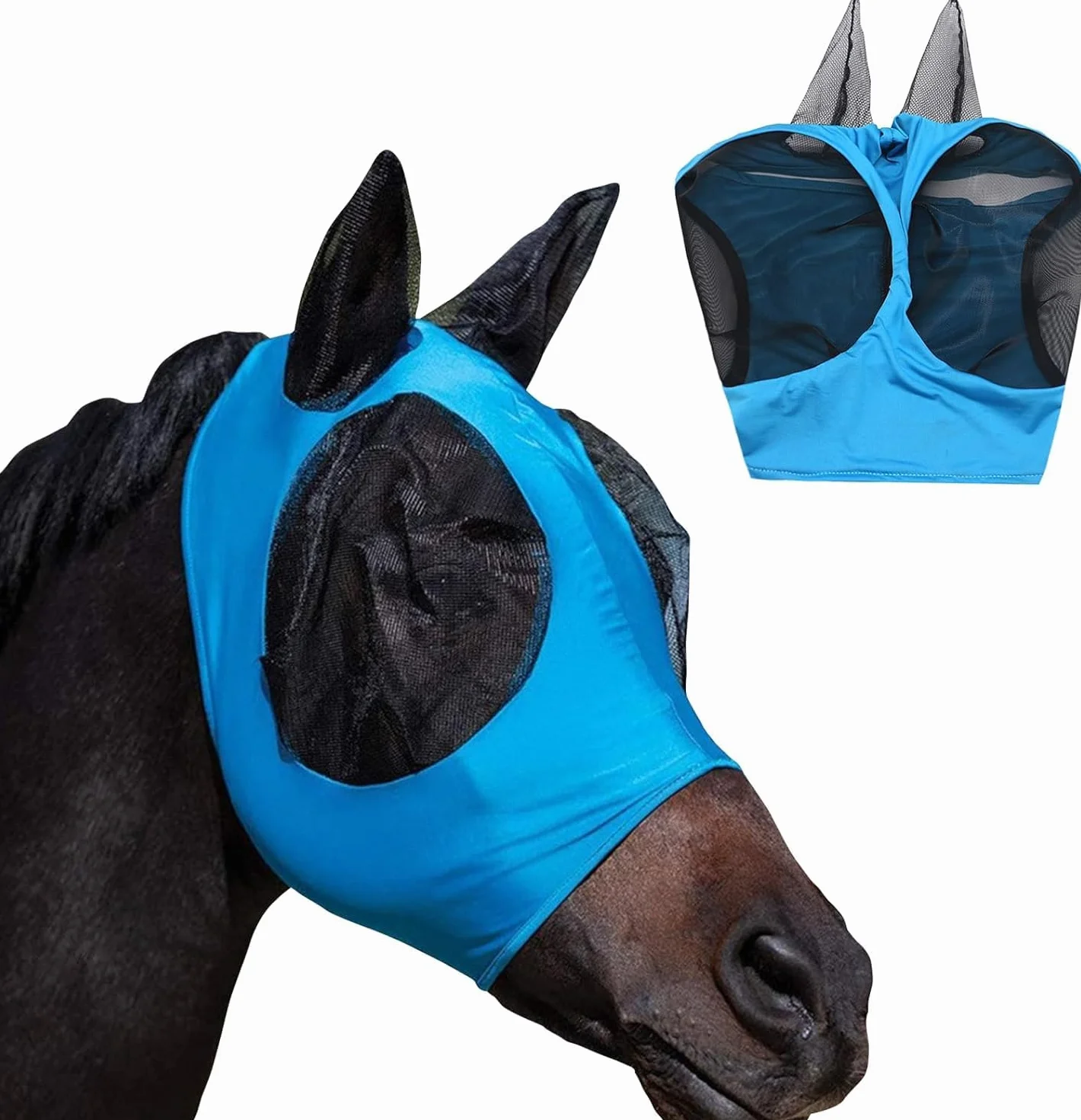 Masque Anti-Mouches Bleu avec Oreilles pour Cheval - Maille Respirante UV Protection