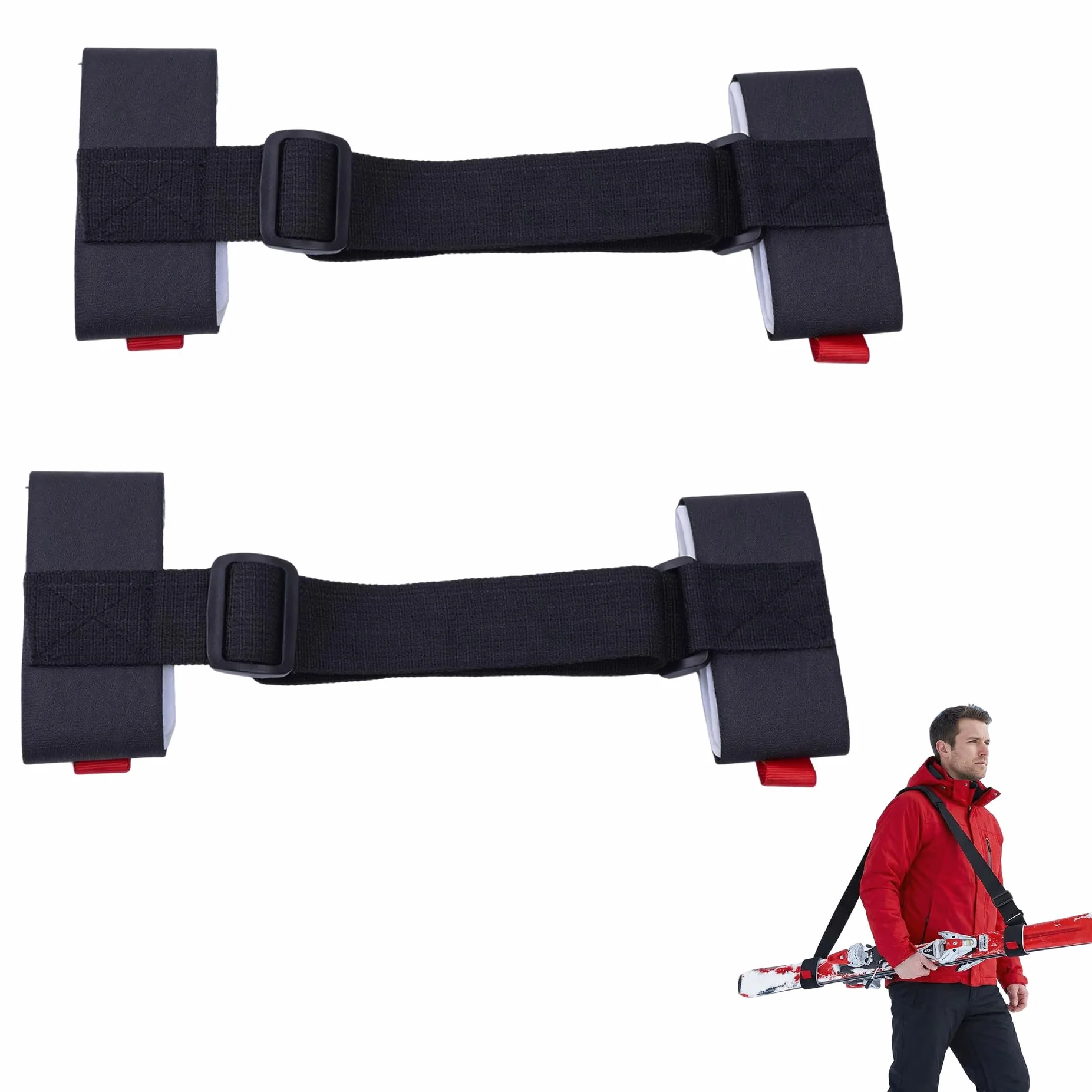 2 Pièces Bandoulière de Ski, Porte-Épaules Réglables avec Boucle Rembourrée, Noir