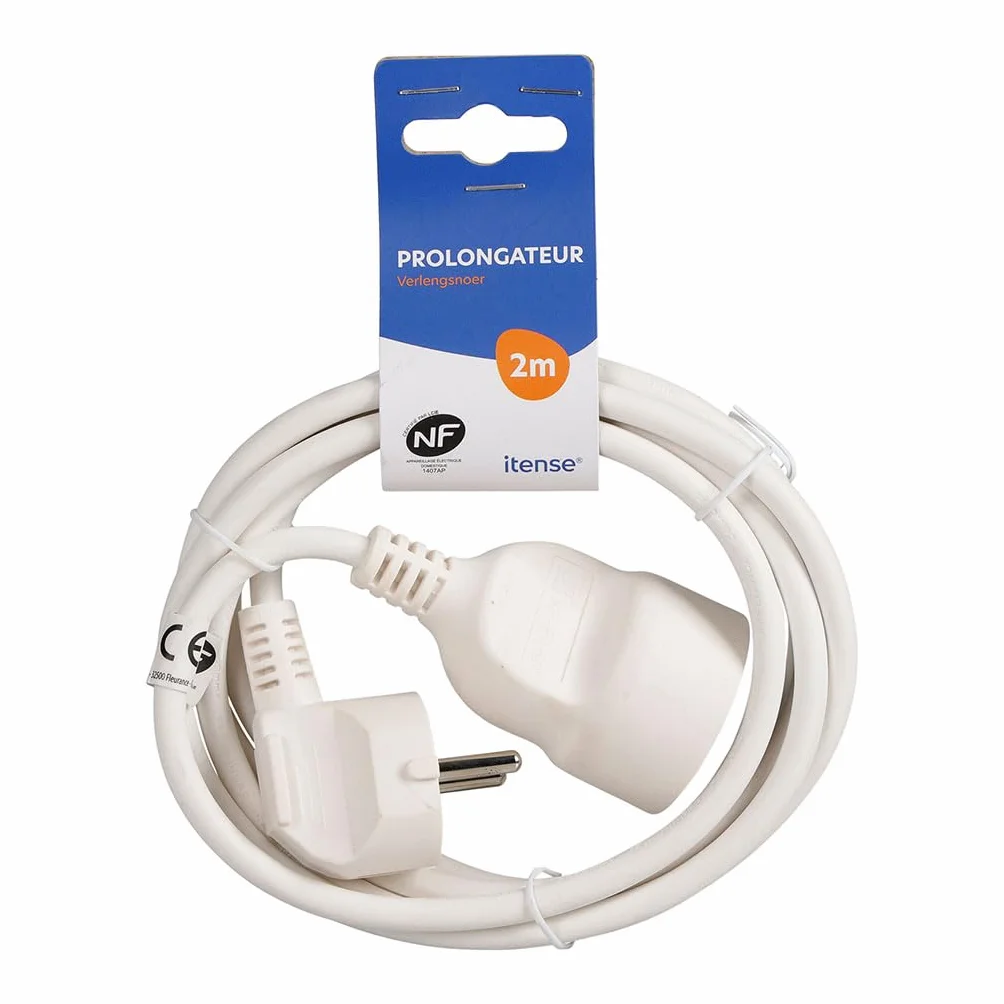 Rallonge Électrique 2 m 16 A 1 Prise 2P+T Câble HO5VV-F 3G1 mm² 3880 W Blanche Sécurité Enfant