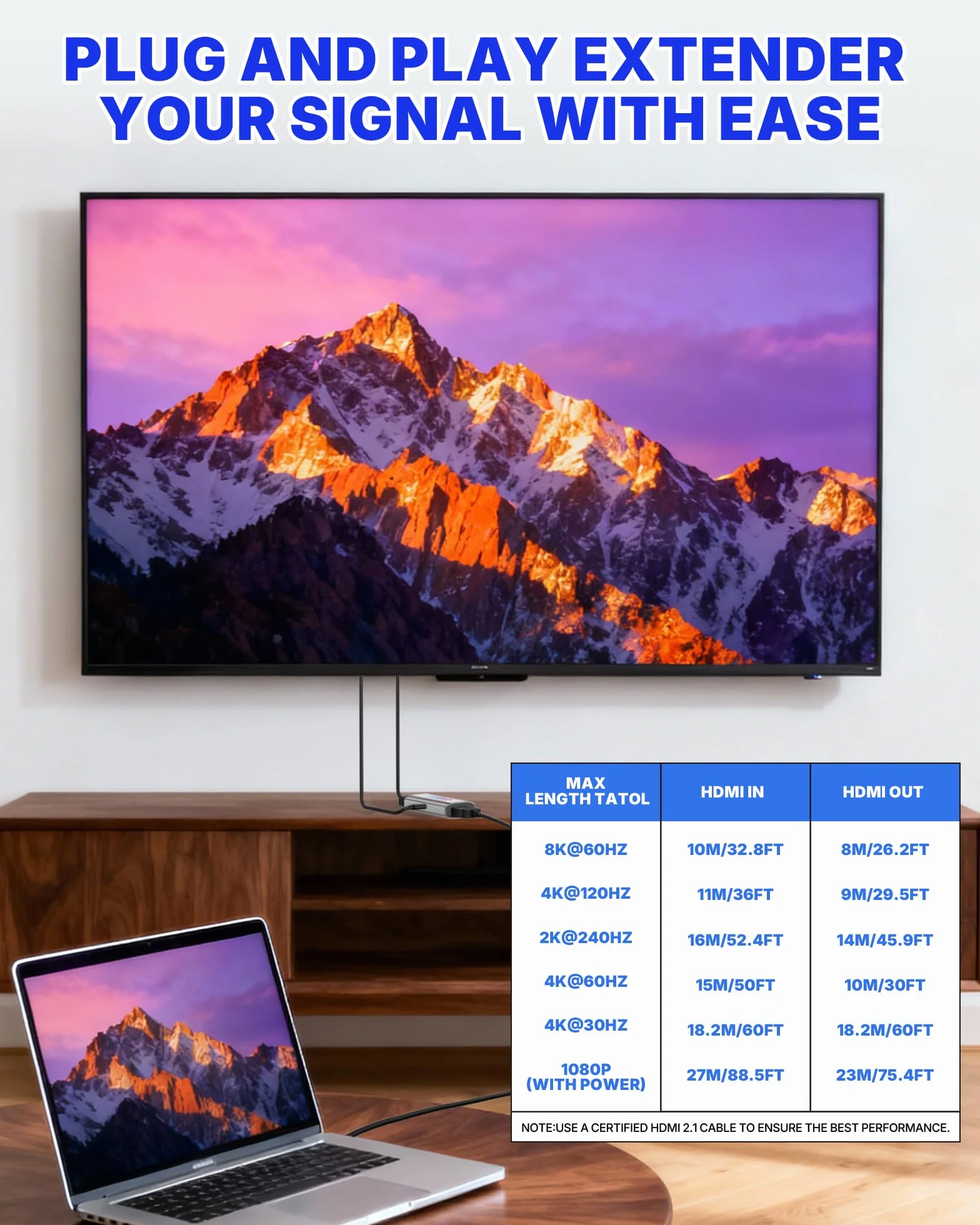 Amplificateur de signal HDMI 8K 2.1, 8K@60Hz/4K@240Hz, étend HDMI 1080p jusqu'à 50m, HDCP 2.3