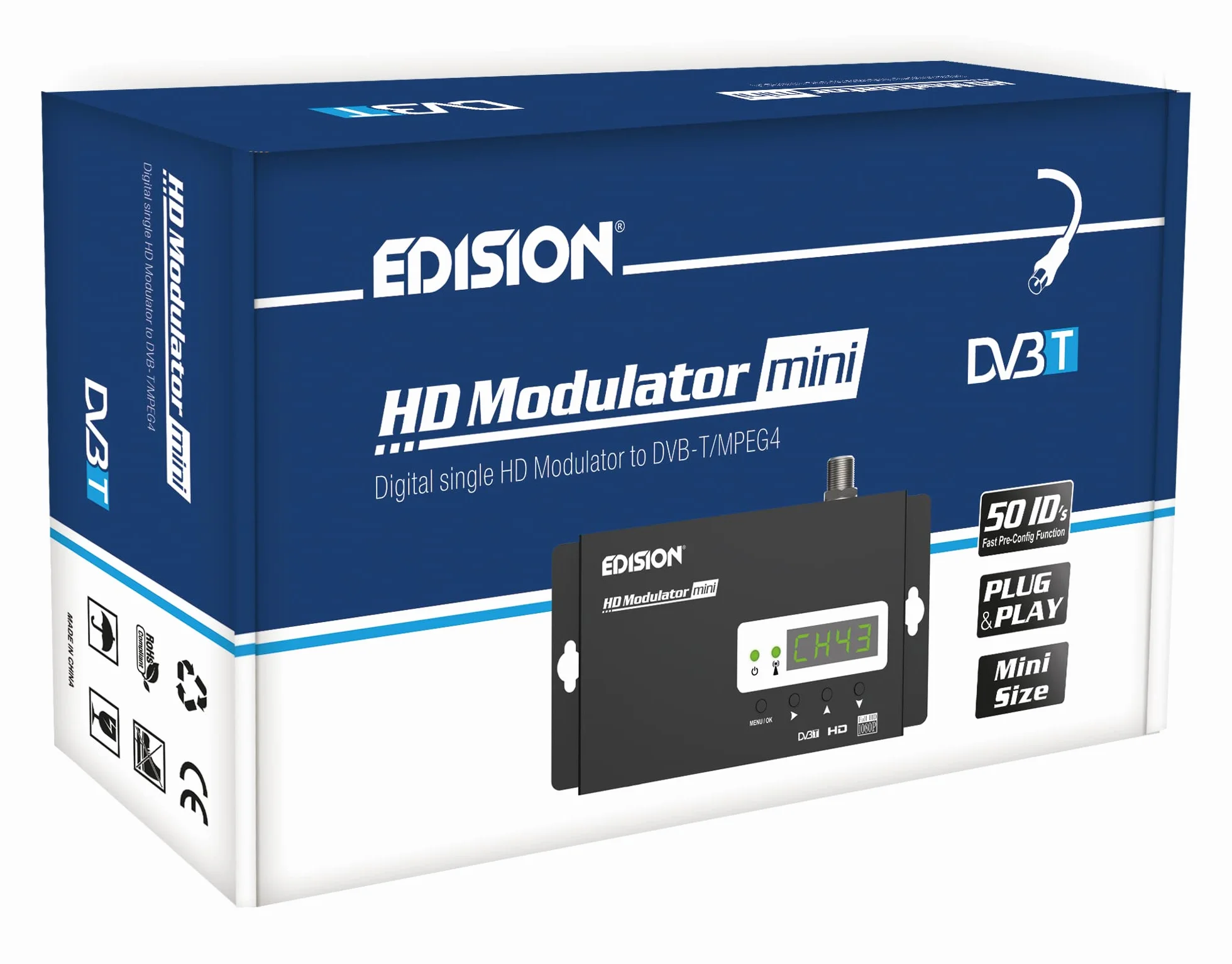 Edision HDMI Modulator Mini, Modulateur HDMI vers DVB-T MPEG4 monocanal, Distribution FullHD sur câble coaxial, Plug-n-Play, Pré-Configuration 50 ID
