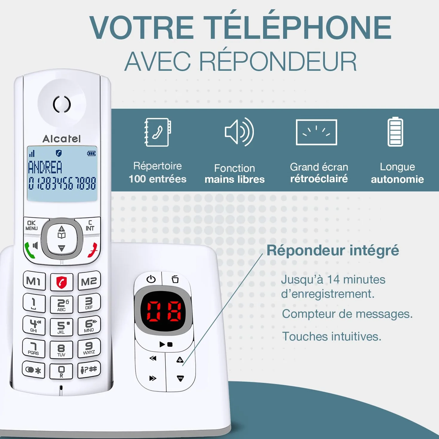 ALCATEL F530 Voice Trio Téléphone Fixe Sans Fil DECT avec Répondeur Grand Écran Rétroéclairé Haut-Parleur Blocage Appels 3 Combinés Blanc/Gris