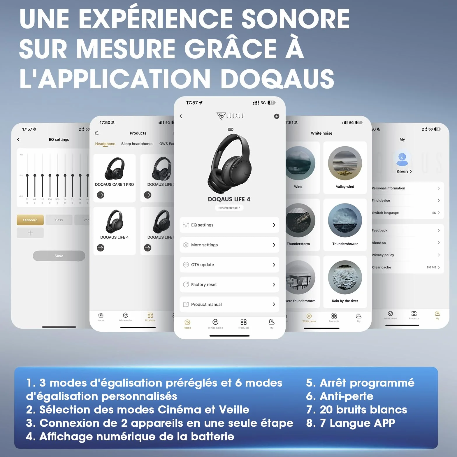 DOQAUS Casque Bluetooth sans Fil 90H Durée Lecture avec 3 Modes EQ Bluetooth 5.3, Casque Bluetooth,Cache-Oreilles protéines Souples,Casque sans Fil stéréo HiFi Microphone pour Voyage/Travail/Vie