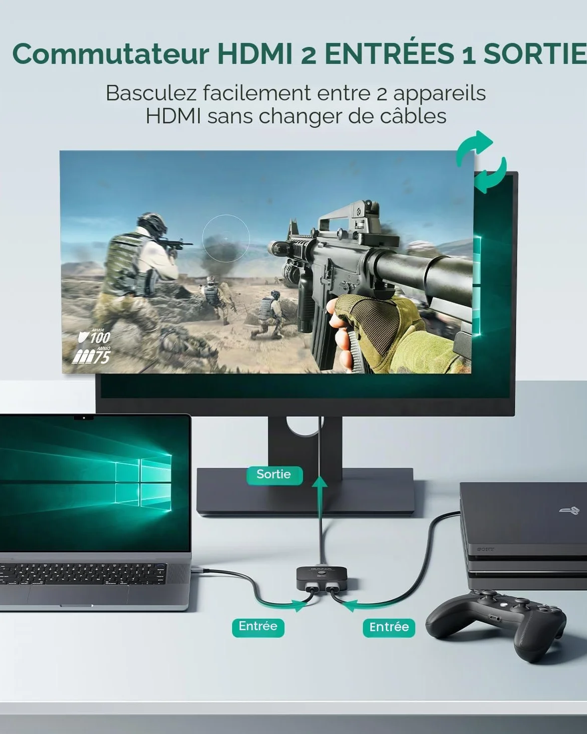 GANA Commutateur HDMI 2.1,Switch HDMI 8K 2 en 1 Sortie, Prend en Charge 4K @ 120 Hz, 8K @ 60 Hz,Compatible avec PS5/4, Xbox, Roku, Apple TV, Fire Stick,Noir