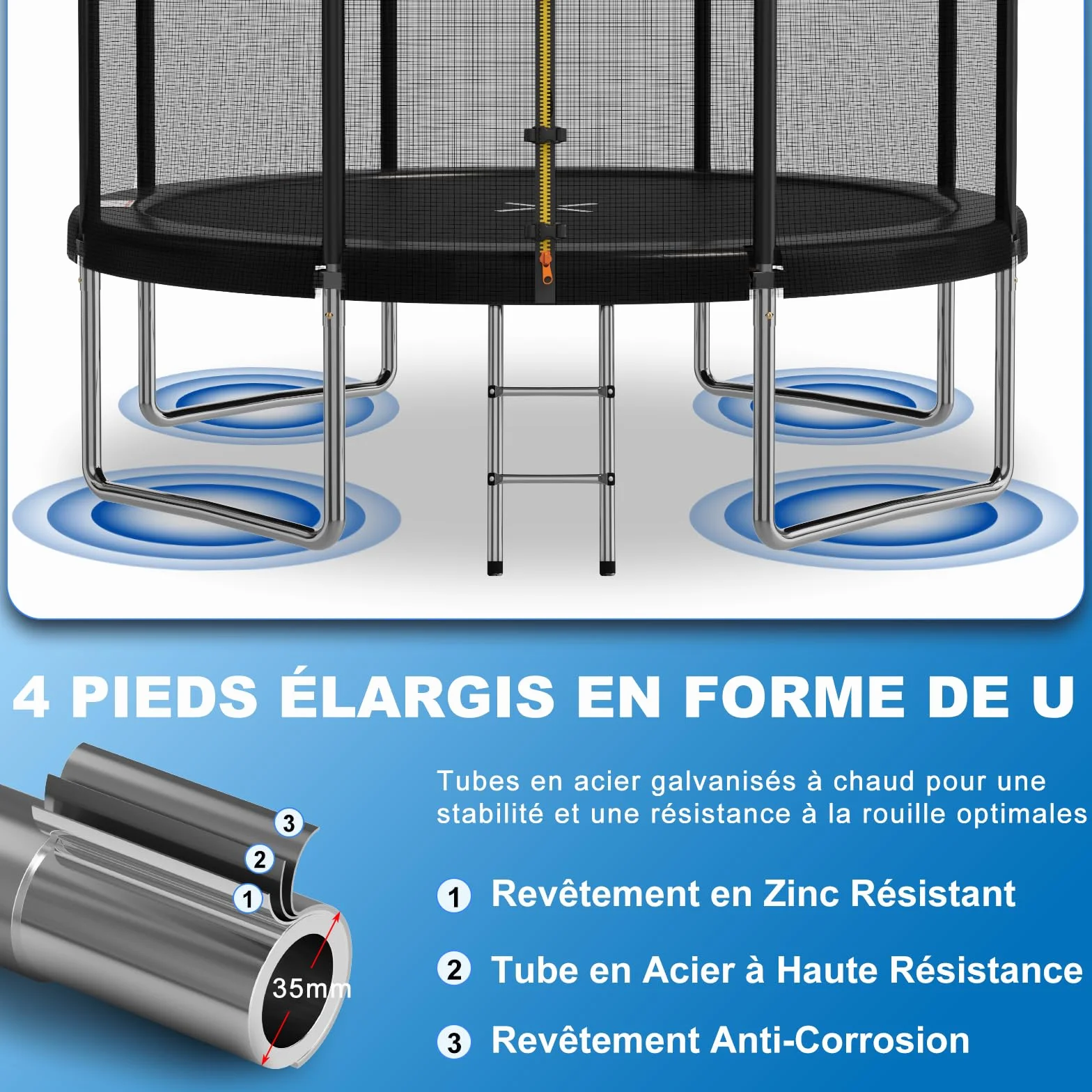 Devoko Trampoline Extérieur Ø183-427cm, Trampoline de Jardin Robuste, Cadre en Acier Galvanisé