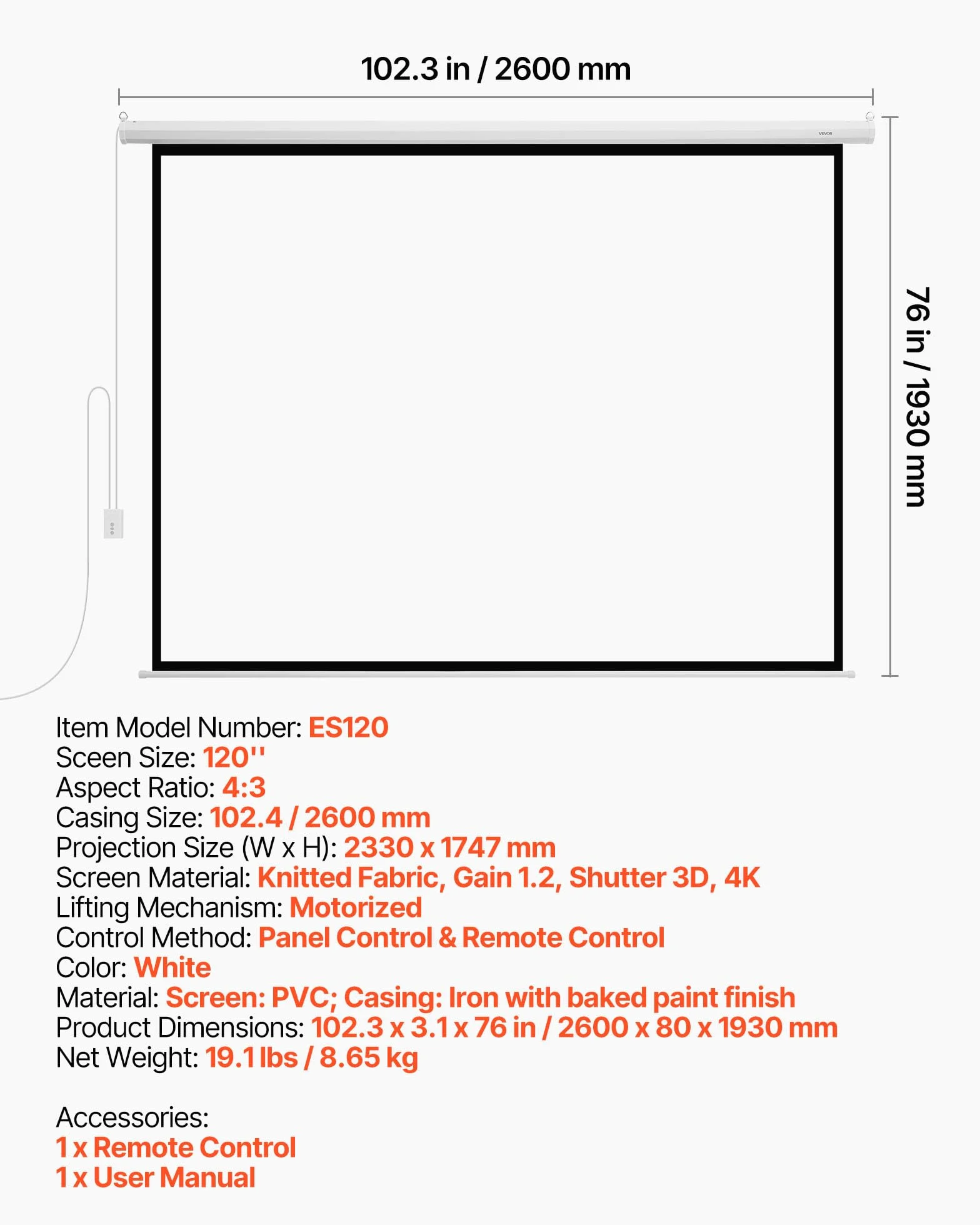 VEVOR Écran de Projection Motorisé Électrique 3048 mm 4:3 1080 HD, Toile PVC avec Télécommande