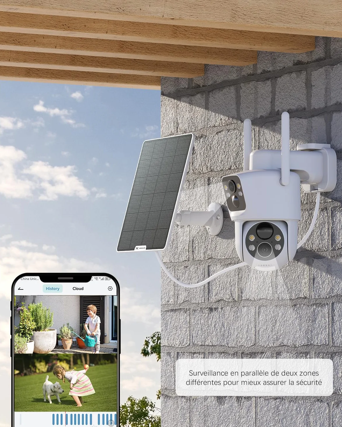 COCOCAM 2K Camera Surveillance WiFi Exterieure sans Fil, Double Objectif Double PIR, Batterie 10000mAh, 6W Panneau Solaire, 355°P 90°T, Vision Nocturne Couleur