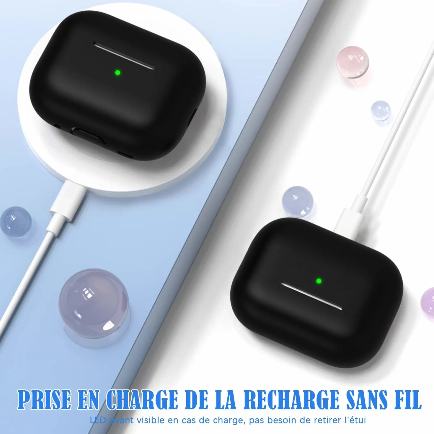 Coque pour AirPods Pro 2e génération Silicone Anti-Chute Noir avec Porte-clés