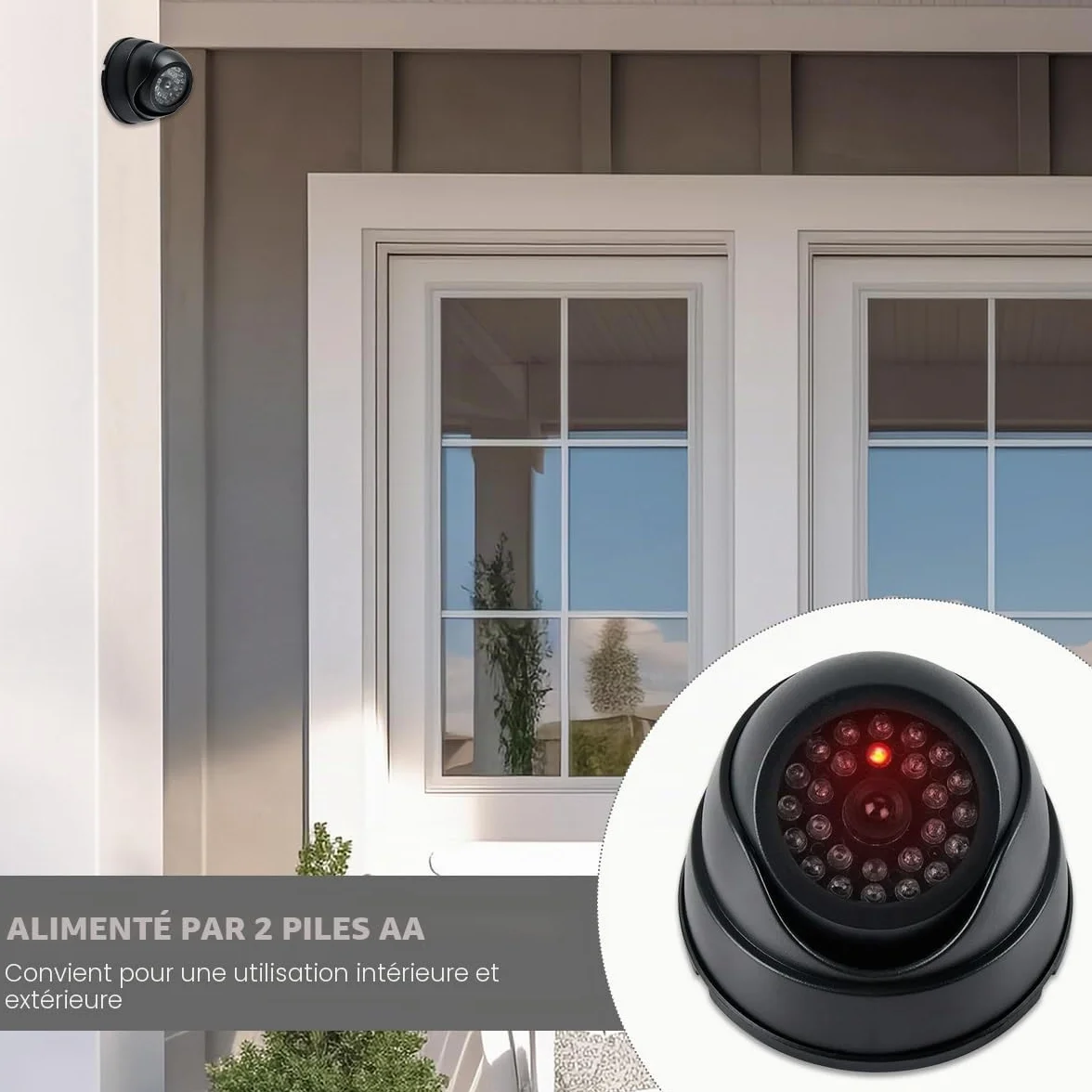 2pcs Caméras Factices de Surveillance CCTV, Fausse Caméra de Sécurité Factice avec Lumière Led Clignotante, Caméra Surveillance Factice Étanche pour Extérieur Intérieur avec 2 Panneaux de CCTV + Vis