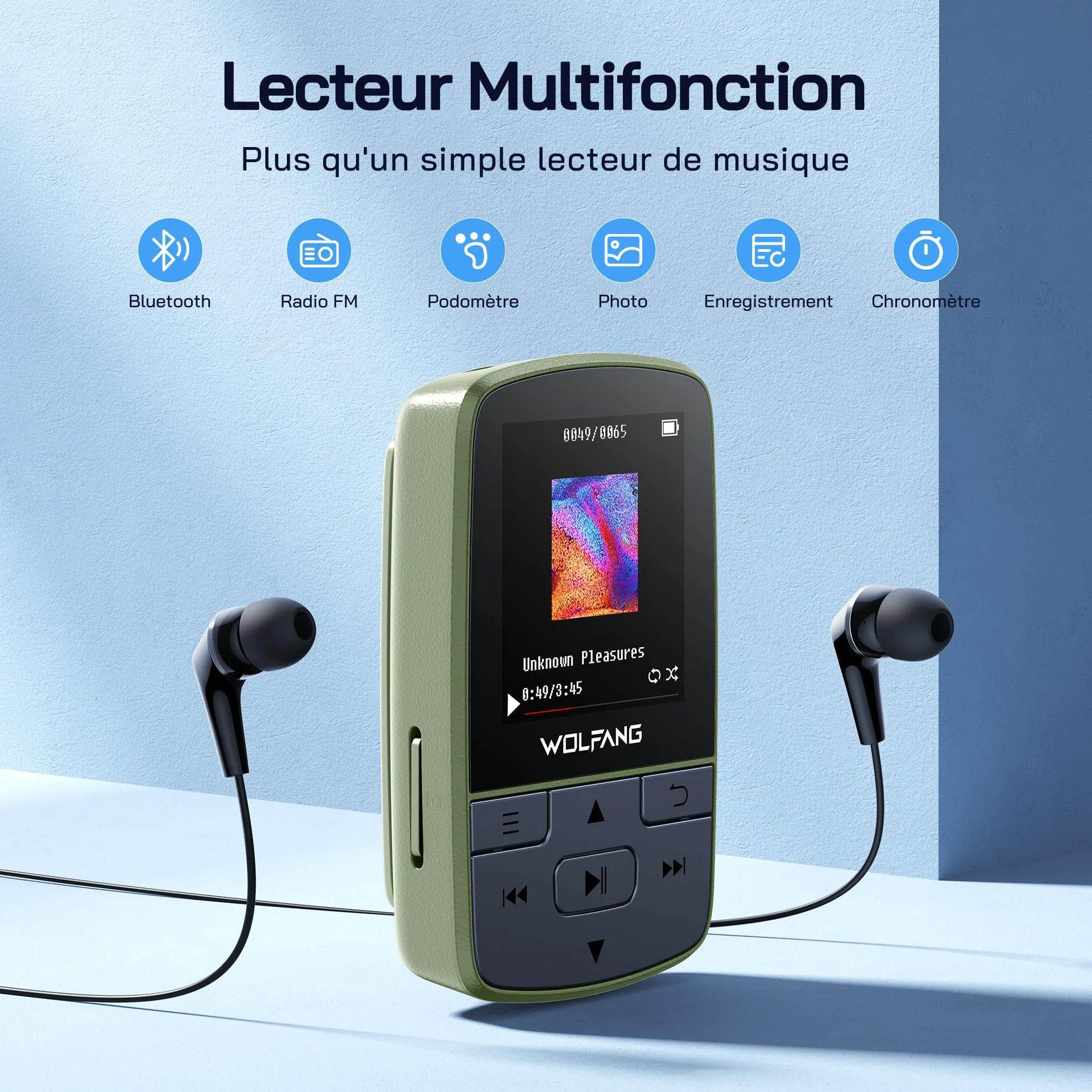 WOLFANG Lecteurs MP3 avec Bluetooth 5.2, Clip Sport, Taille Mini, Poids 28,3 g, Radio FM HiF, enregistreur Vocal, Jusqu'à 128 Go, sans Carte mémoire, écouteurs Inclus, Vert Kaki