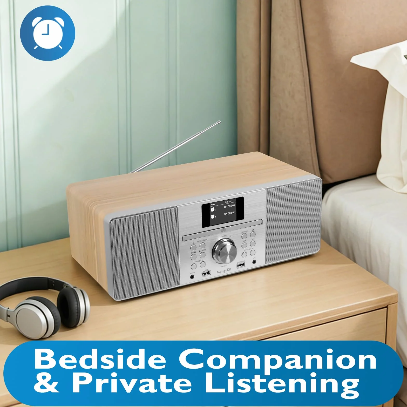 Lecteur CD avec Radio Dab/Dab+ et FM, Streaming Bluetooth, système Hi-FI stéréo 80 W, écran Couleur, 60 Stations préréglées, télécommande, Coffret en Bois Acoustique, MANGOKIT MS1-Arce