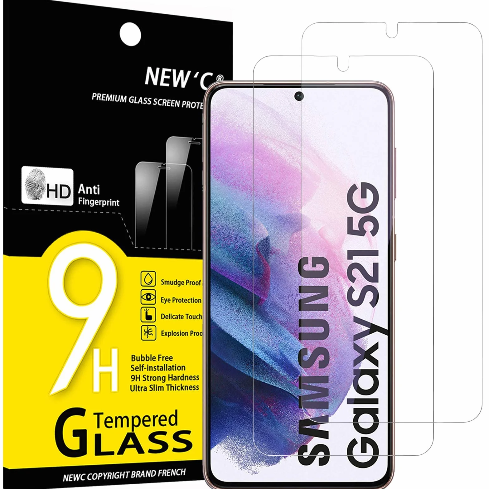 NEW'C Lot de 2, Verre Trempé pour Samsung Galaxy S21 5G (6.2), Film Protection écran -sans Bulles d'air -Ultra Résistant (0,26mm HD Ultra Transparent) Dureté 9H Glass