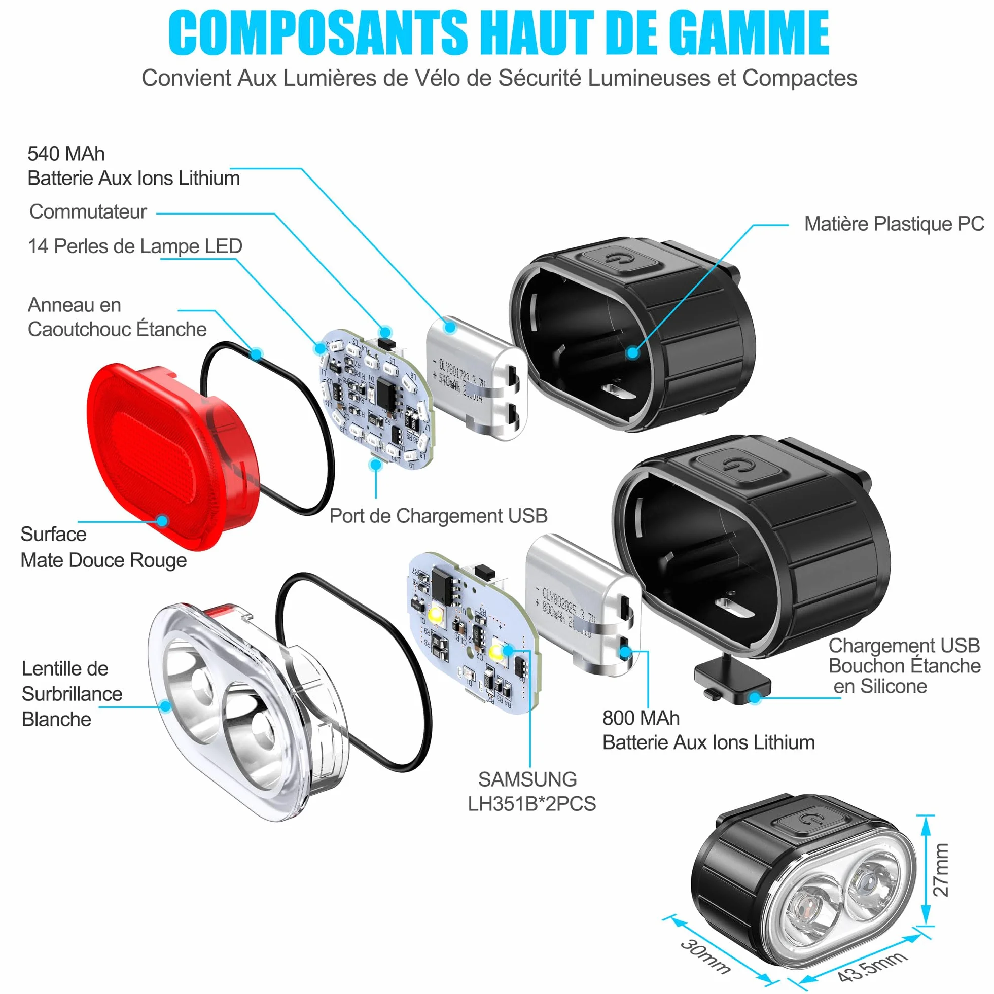 Lumiere Velo à LED Feux Avant Arrière Rechargeables USB IPX5 Phares Double Talon
