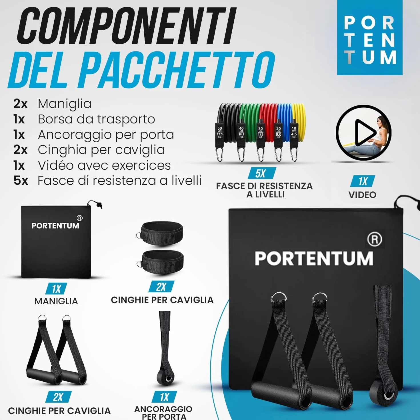 PORTENTUM Elastique Musculation 5 Niveaux 150 lbs (68 kg) Multicolore