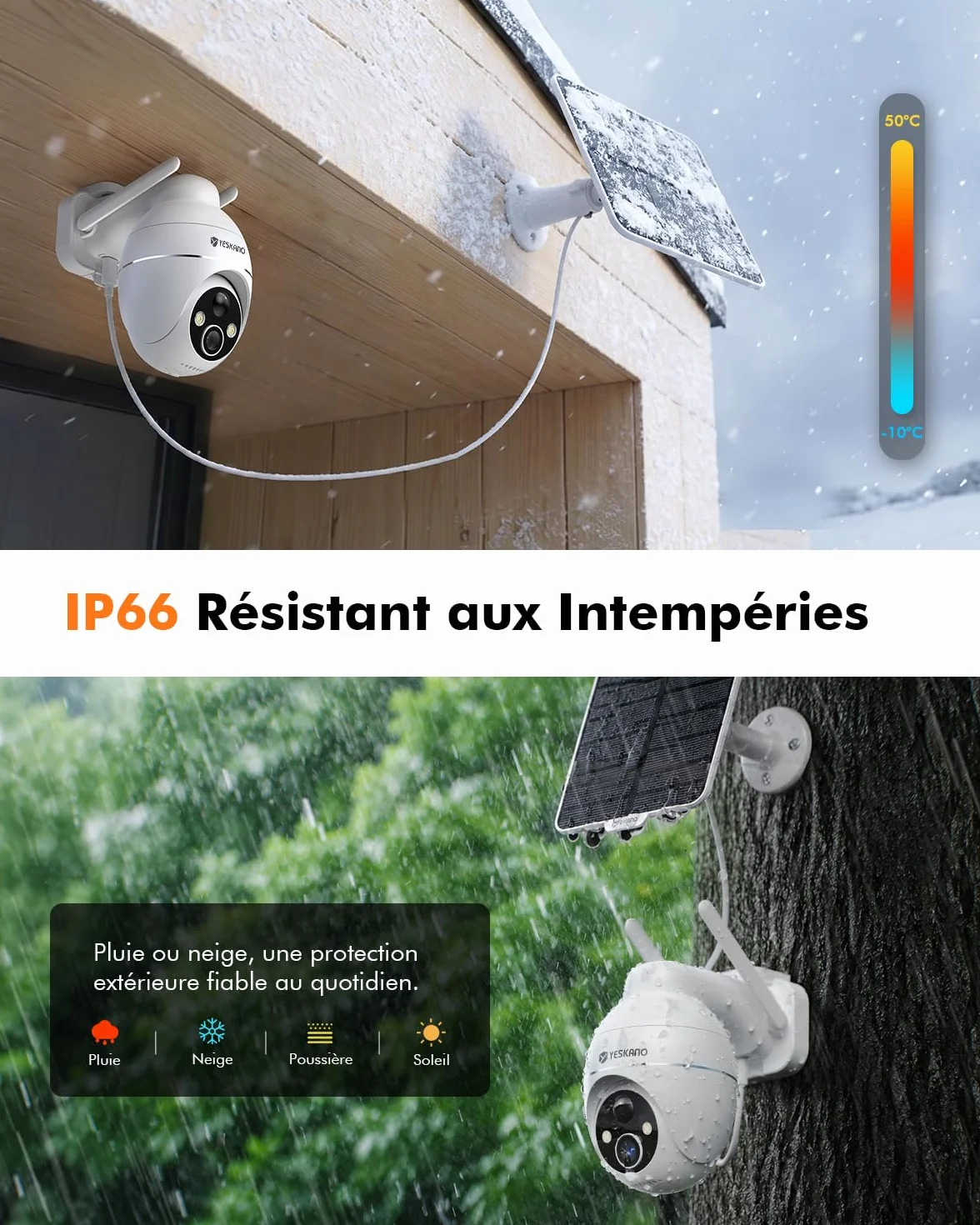 YESKANO 2K Camera Surveillance WiFi Exterieure Sans Fil Solaire, Caméra Extérieure Solaire 360° PTZ, avec Panneau Déporté 2M, Vision Nocturne Couleur, Détection PIR, Audio 2 Voies, 2,4 GHz, IP66 Blanc