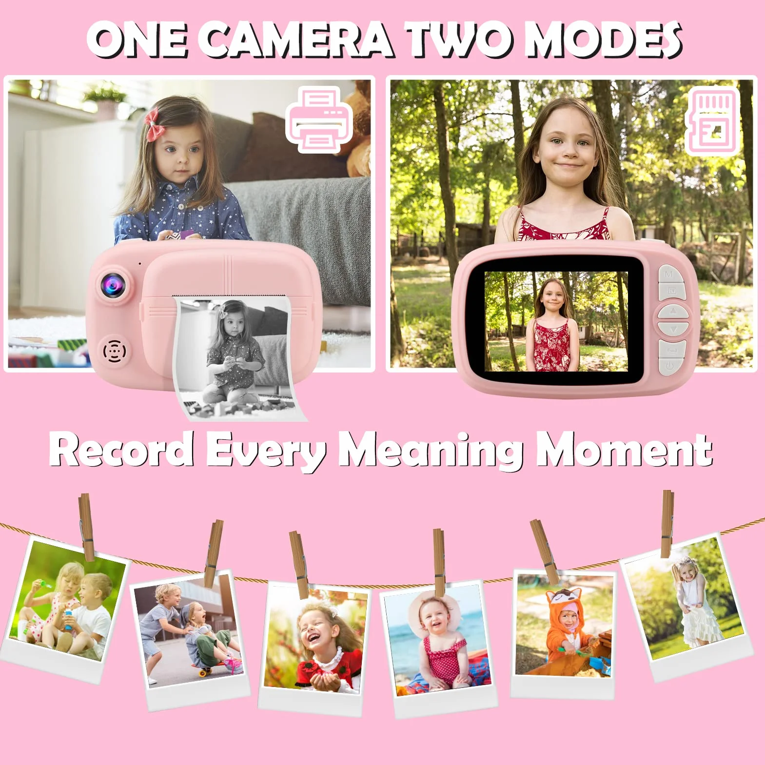 Appareil Photo Instantané Enfant, 3,5" Appareil Photo Enfants Cadeaux pour 3 à 14 Ans, Papier d'impression sans Encre et 32GB Carte, 12MP 1080P Enregistreur Photos Vidéo 3 en 1 Jouet (Rose)
