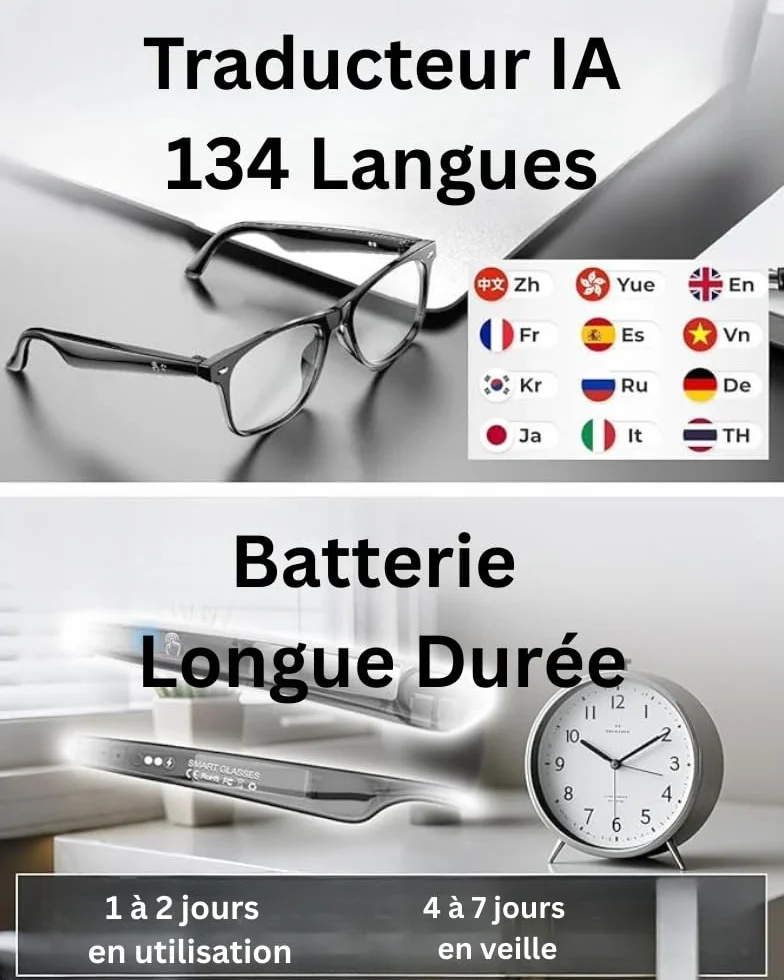 Lunettes Connectées IA, Bluetooth, Unisexe, Appels, Musique, Traduction Vocale 134 Langues, IP65 Étanche, 25g, Verres Noir