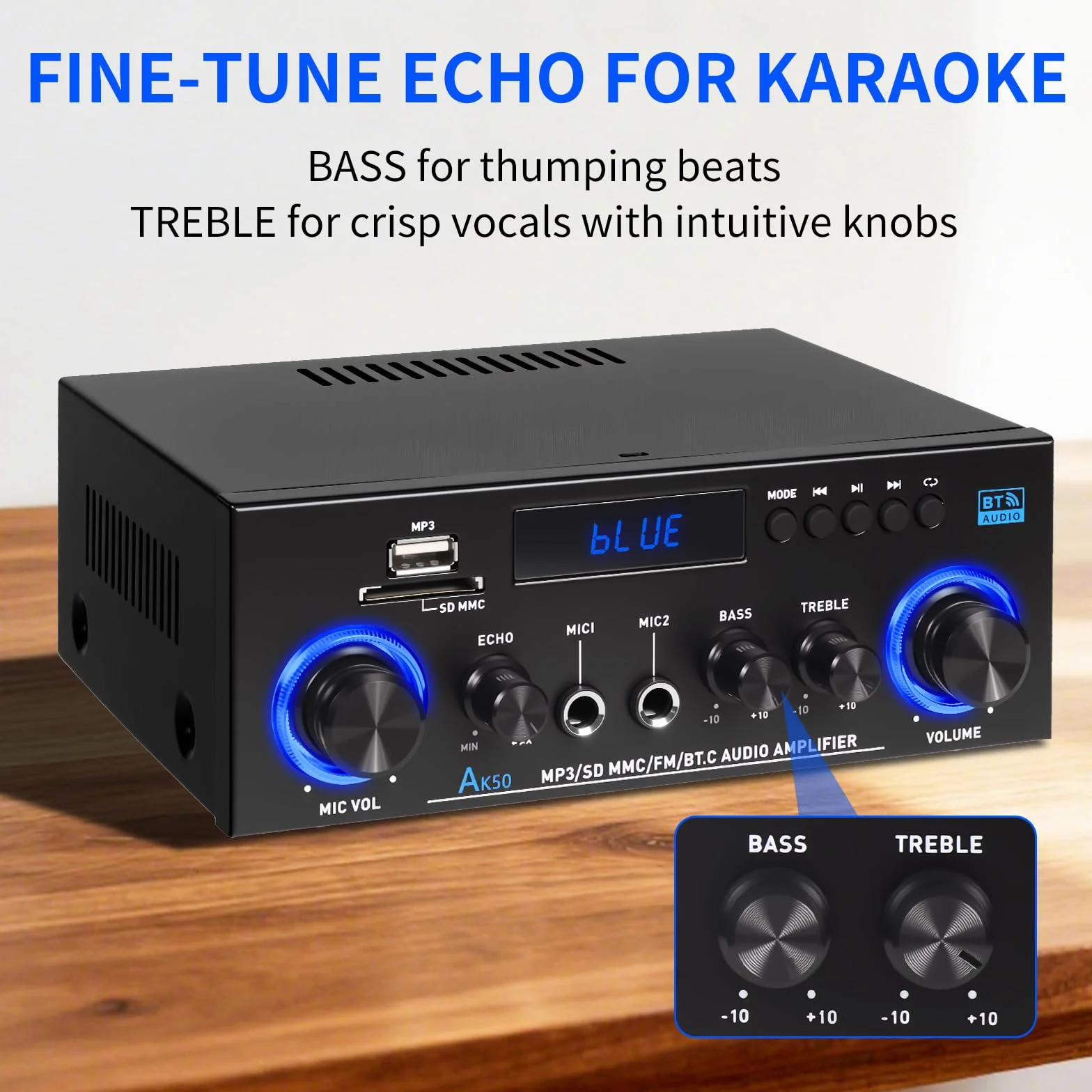 Amplis Amplificateur Stéréo Bluetooth 5.3 1000W Puissance Maximale avec Radio FM et Micro, Système Audio Hi-Fi 2.0 Canaux 50W+50W RMS, Contrôle Basse/Aigus pour Maison, Voiture, Karaoké, TV