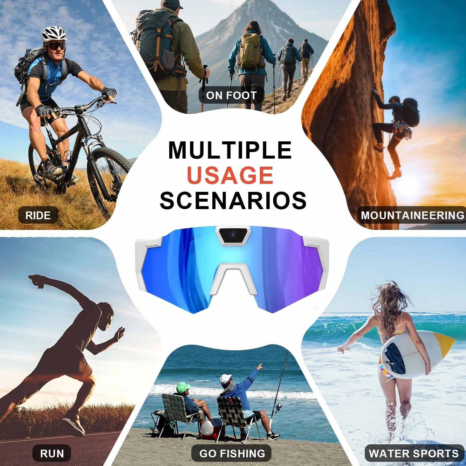 Lunettes De Caméra 1080P pour Le Cyclisme, Lunettes De Soleil avec Caméra, Audio Et Vidéo, pour Cyclistes, Snowboarders, Randonneurs, Vloggers, Course, Ski, Camping, Pêche