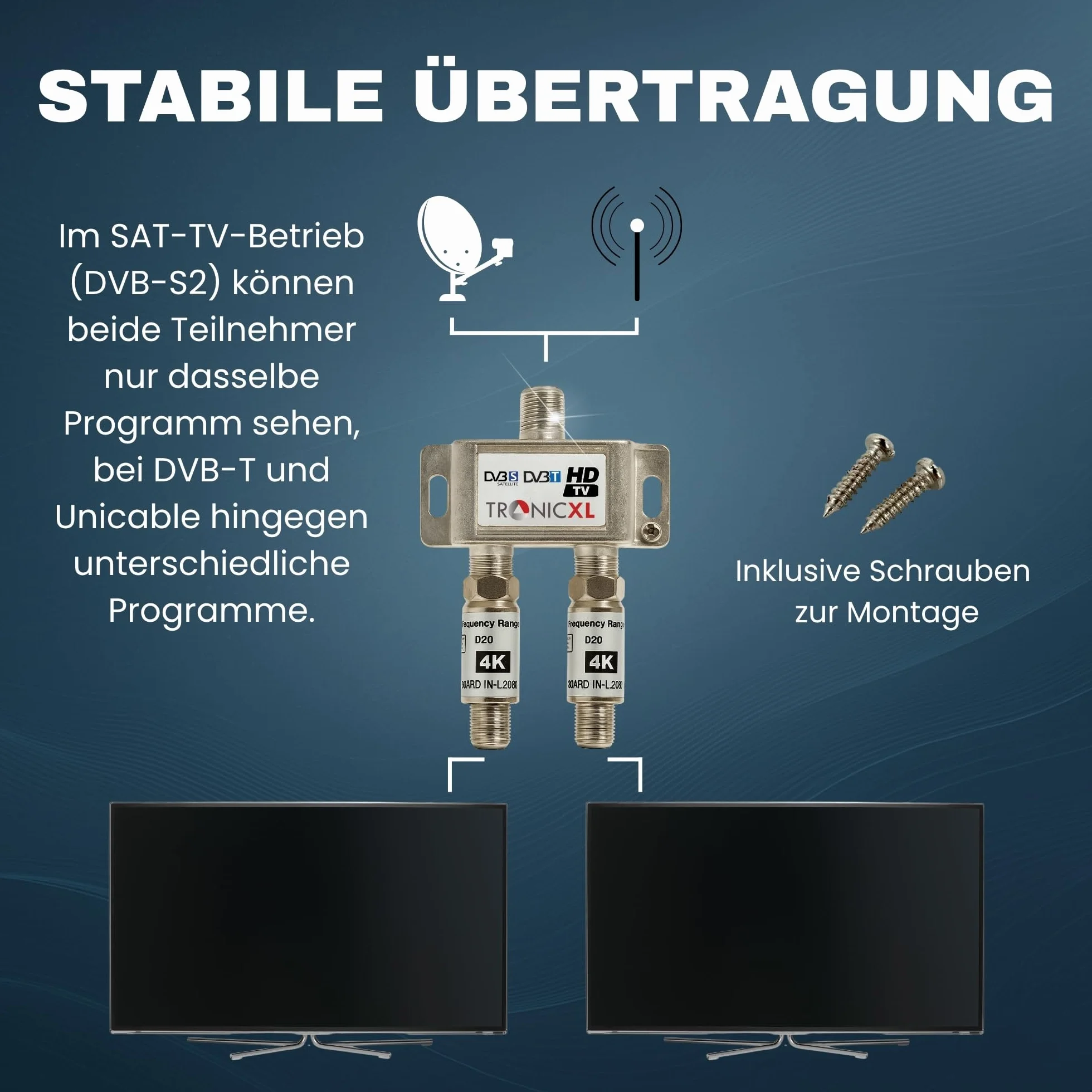TronicXL Répartiteur satellite 2 voies 40 dB I Répartiteur d'antenne DVB-S2 DVB-T2 souple avec amplificateur pour amplificateur de signal HDTV 3D 4K pour une bonne réception