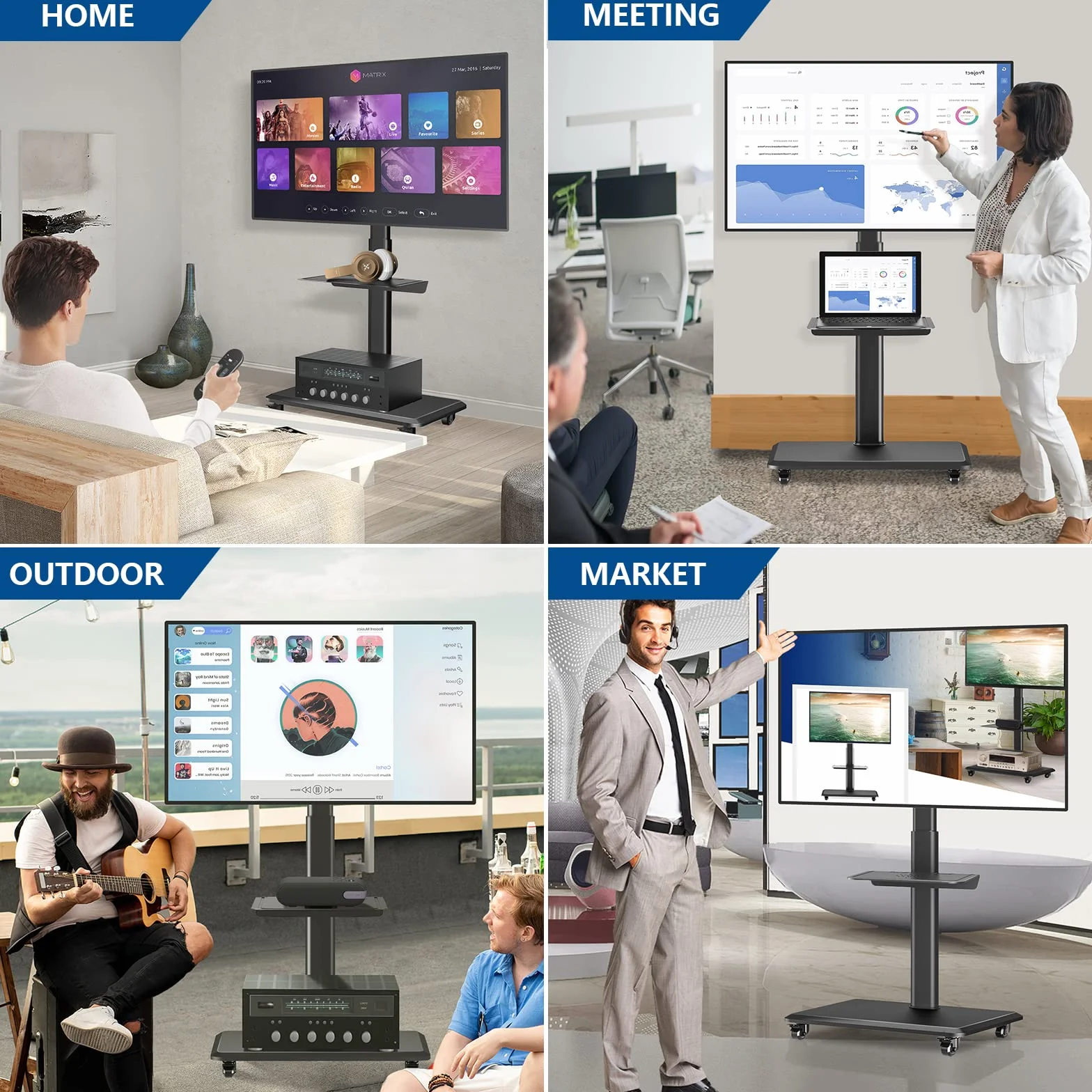 RFIVER Support TV Roulette avec Support Cantilever pour Ecran de Télé de 26 à 70 Pouces LED LCD Plasma Chariot Meuble TV Pied Universel Pivotant Réglable en Hauteur avec 2 Étagères