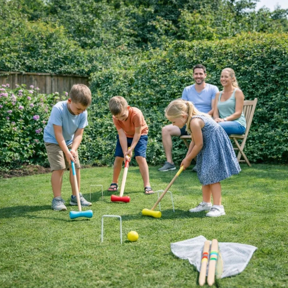 Jeu de Croquet en Bois pour 4 Joueurs, avec Maillets, Boules, Arceaux Métalliques et Filet de Rangement, Jeu de Jardin