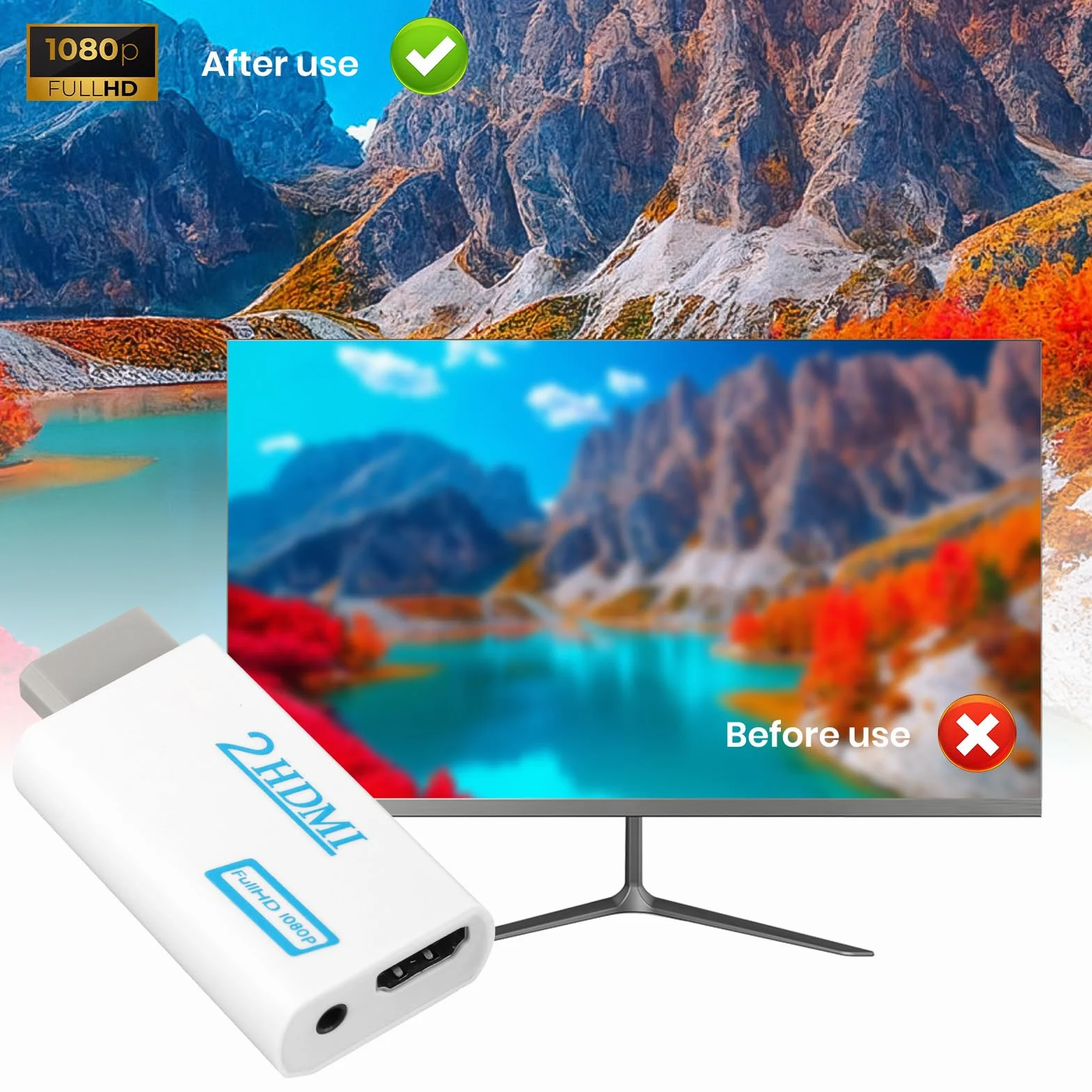 Adaptateur Wii vers HDMI Convertisseur Vidéo Full HD 1080P/720P Sortie Audio 3,5mm