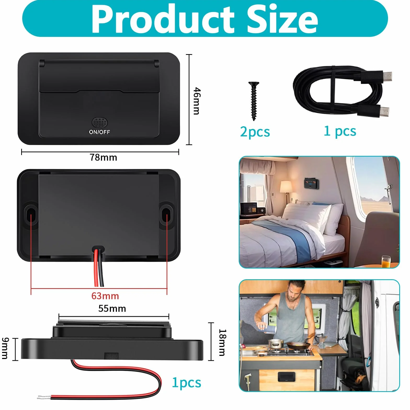 76W 4 Port Prise USB 12V Camping Car Encastrable Double 36W PD & Double 18W QC3.0 avec Interrupteur et Couvercle Etanche Prise Chargeur Voiture USB C Montage Surface pour Bus RV Camion Marine