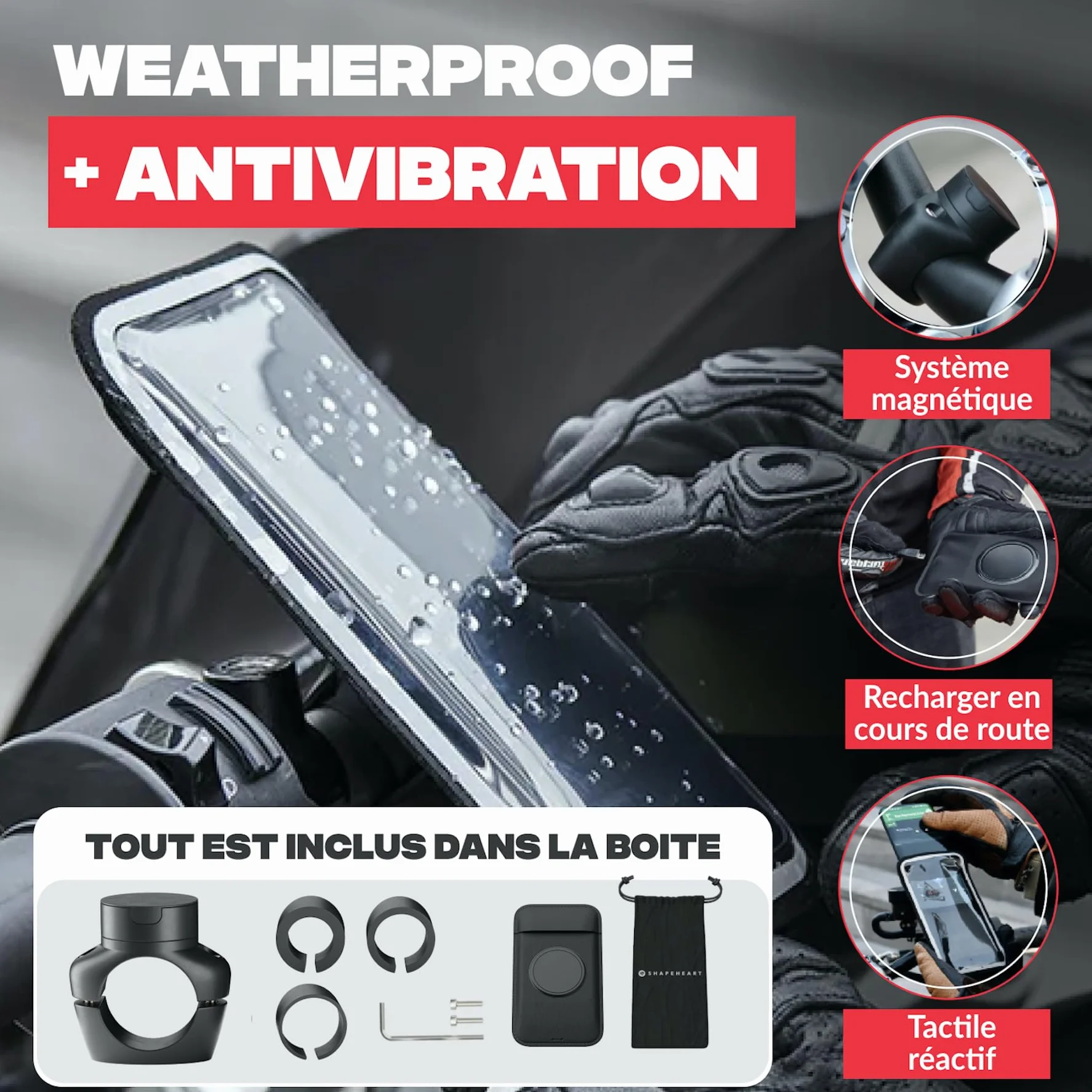 Shapeheart Support Téléphone Moto Pro Magnétique - Fixation Vissée Anti-Vibrations Guidon - Pochette Étanche XL Tactile - Housse Imperméable Moto, Scooter - Système Stable et Amovible