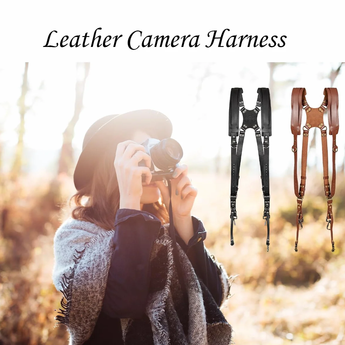 Harnais Appareil Photo Professionnel, Longueur Ajustable Bandoulière Double pour Appareil Photo, Cuir Sangle de Sac à Dos Deux Caméras DSLR/SLR, Unisexe Photographe