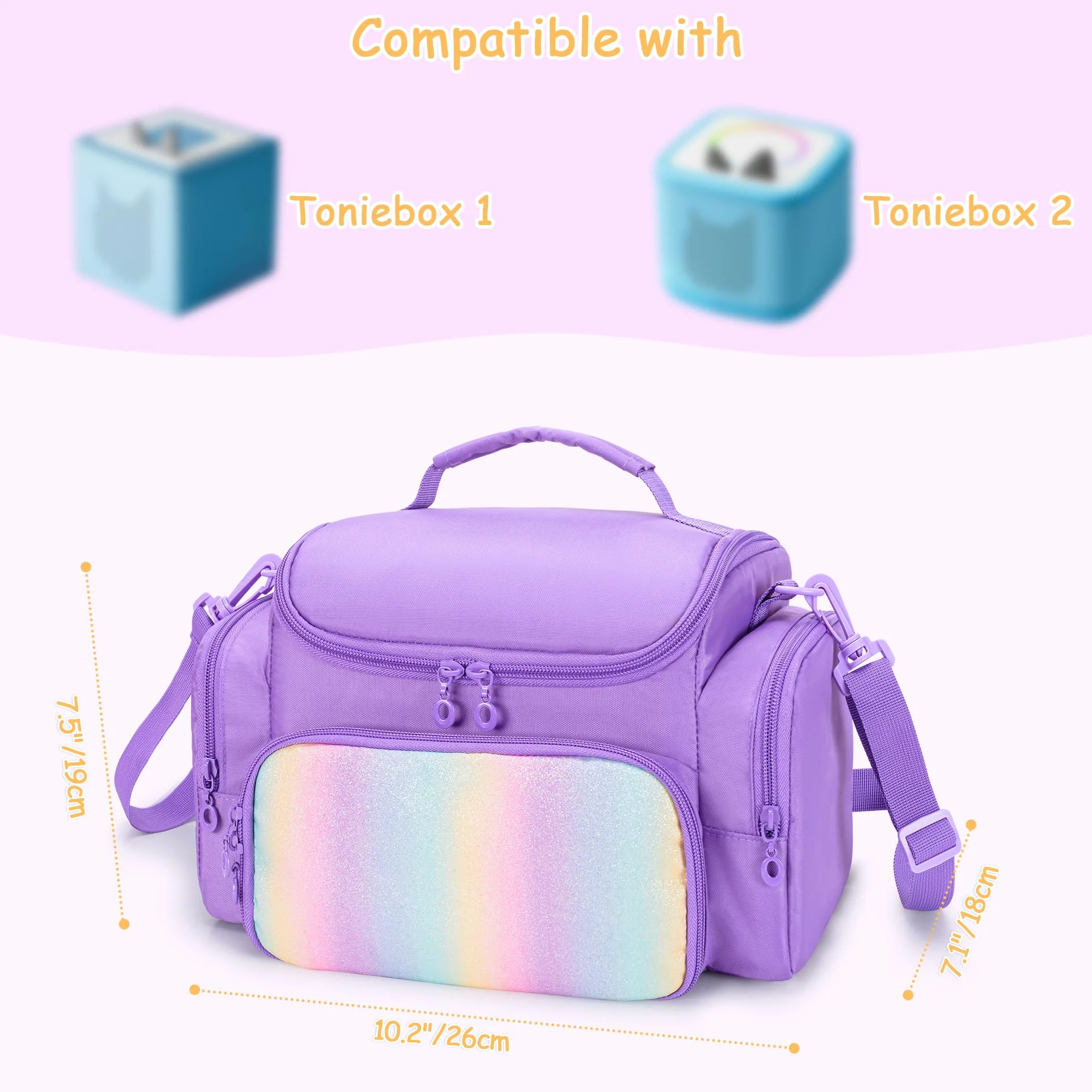 LoDrid Étui de Voyage Compatible avec Toniebox 2/1, étui de Transport pour Lecteur Audio avec bandoulière et poignée, Sac de Rangement avec Plusieurs Poches pour Accessoires, Violet, Sac Uniquement