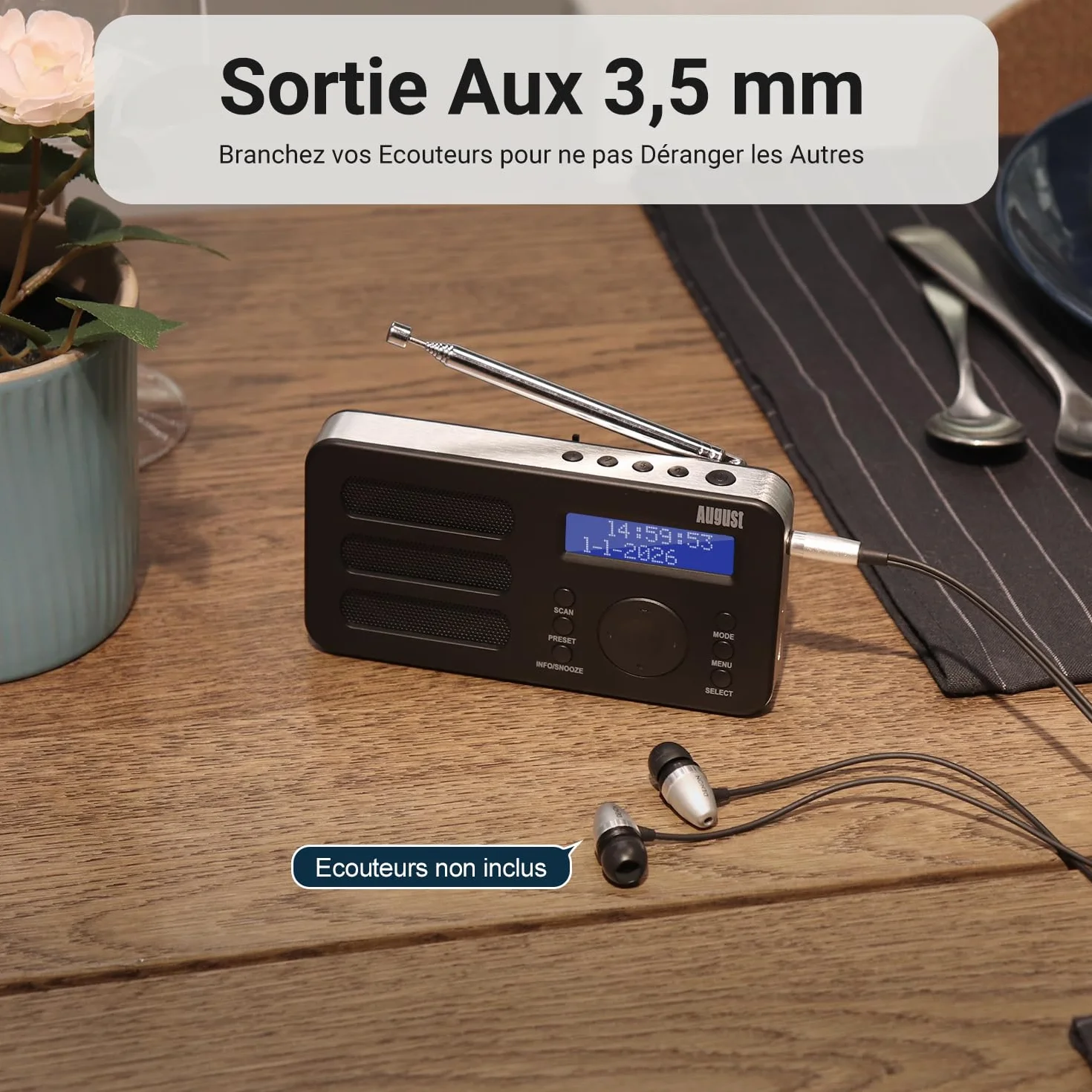 August MB225 - Radio Portable Rechargeable FM Dab RNT - Petite Radio Numérique Stéréo Portative Digitale avec Batterie Alarme Poste 40 Présélections et Prise écouteurs (Noir)