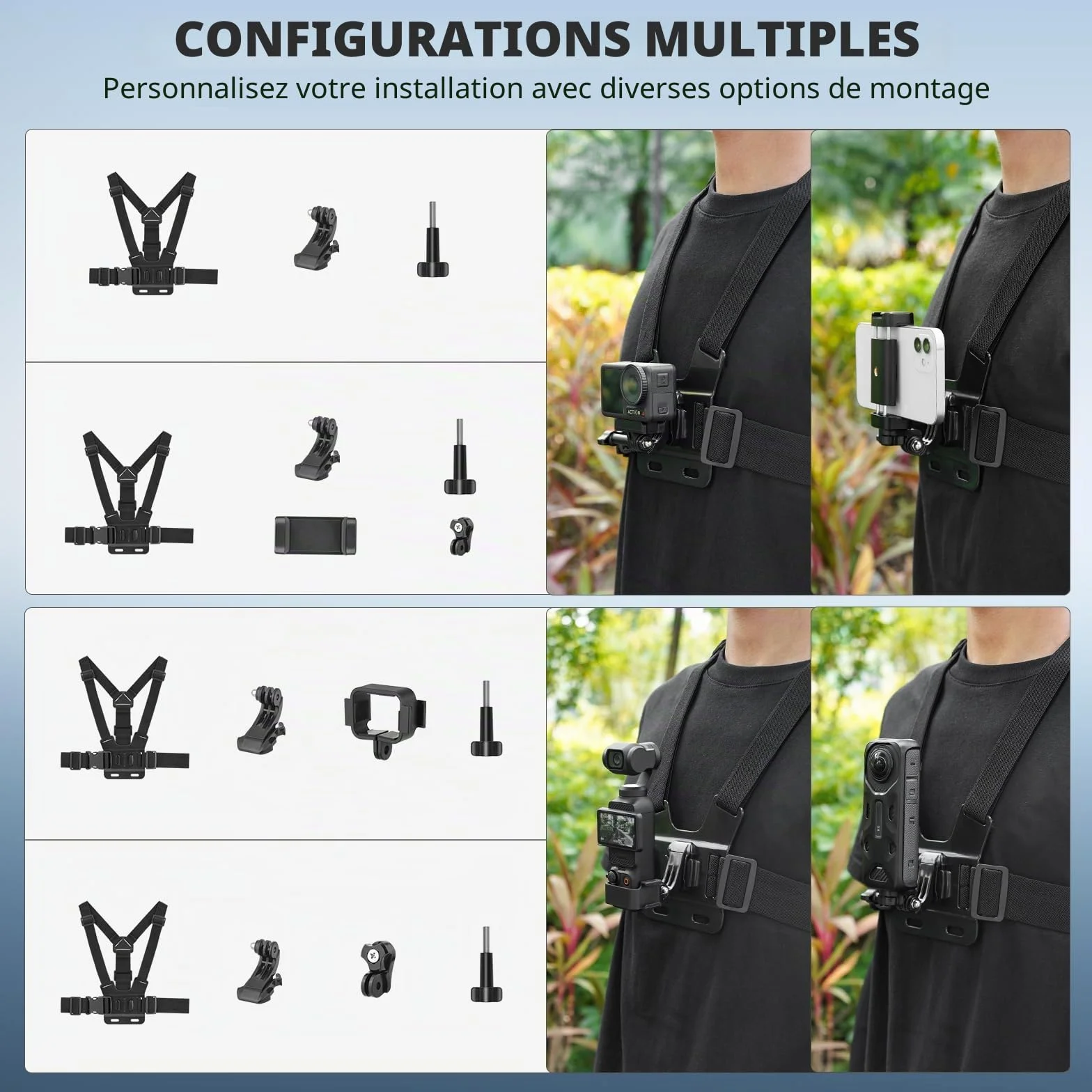 BRDRC POV Support de poitrine et tête pour iPhone, GoPro, DJI Osmo Pocket 3, Insta360 X5/4/3, Samsung Vlog Body Harness Strap Holder Kit