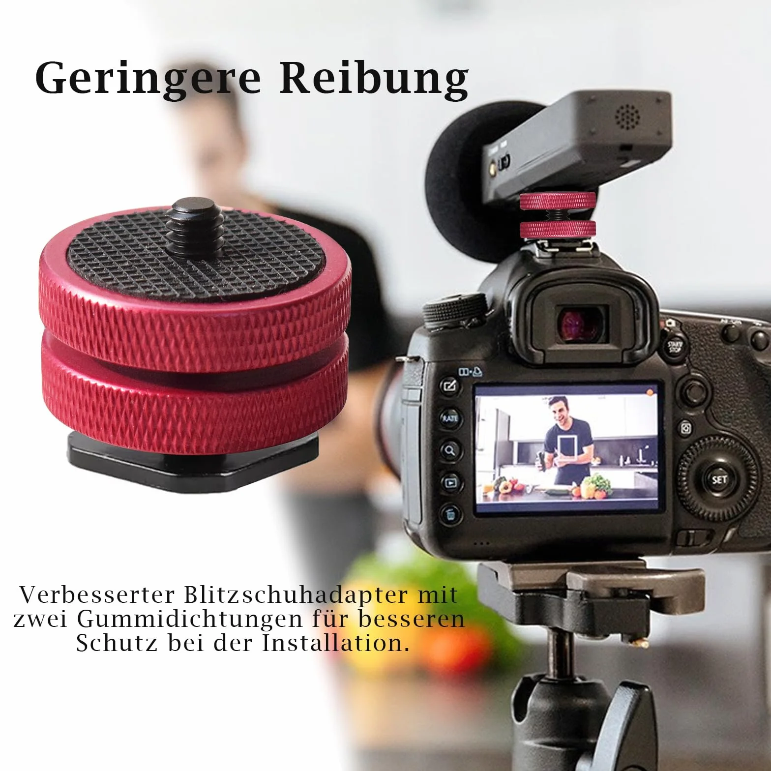 Adaptateur Griffe Flash vers 1/4"-20 Rouge – Écrou de Blocage Rond Élargi avec Patin en Caoutchouc Antidérapant – Support Griffe Froide Professionnel pour Moniteurs, Éclairages LED et Micros