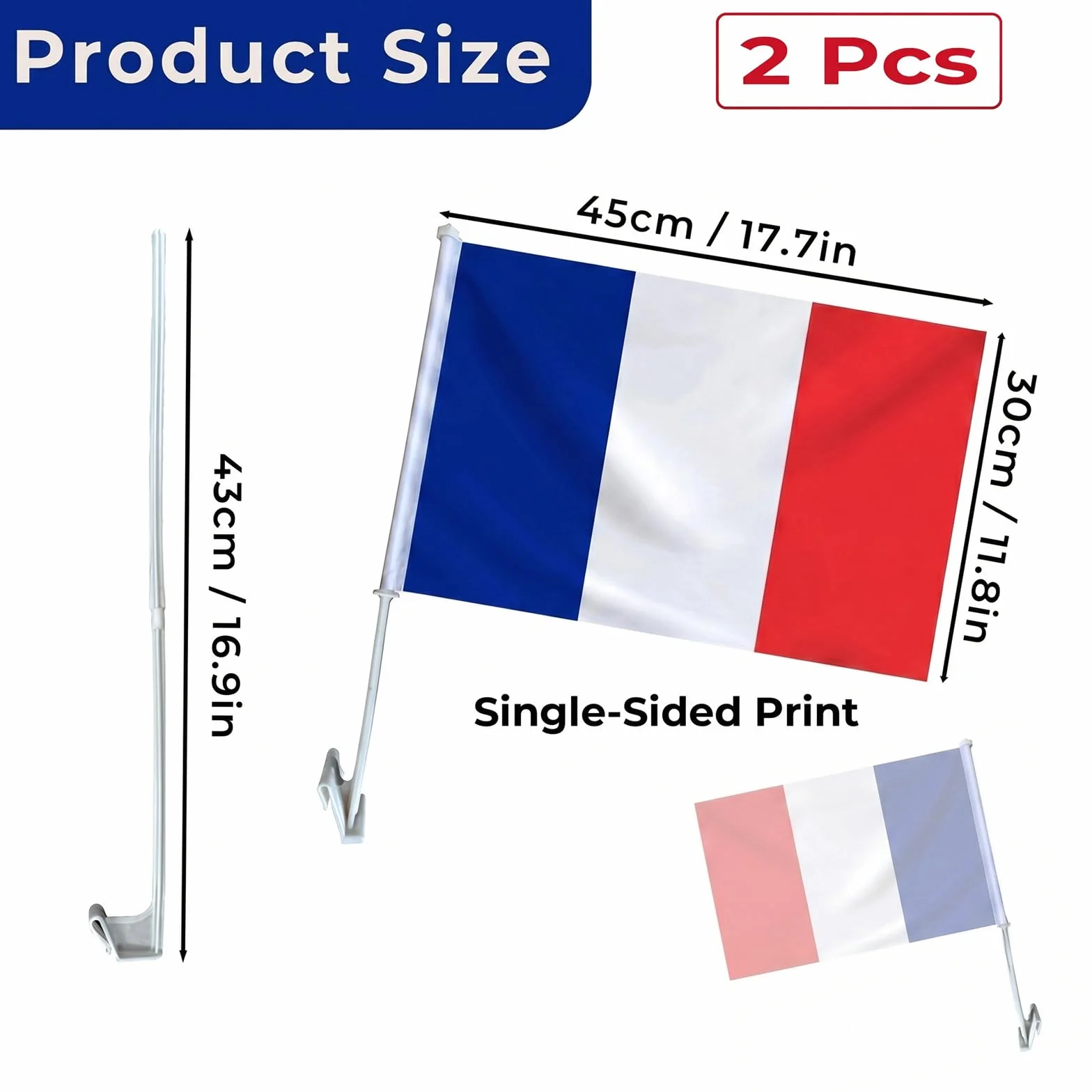 Drapeaux de Voiture France Lot de 2, 30 x 45 cm, Polyester avec Support