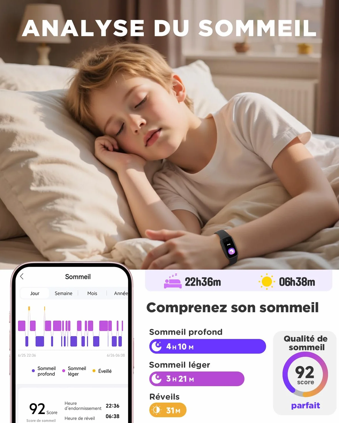 BIGGERFIVE Vigor 3 Montre Connectée Enfant Tracker d'Activité Écran AMOLED Étanche 3ATM Moniteur Fréquence Cardiaque Sommeil Noir