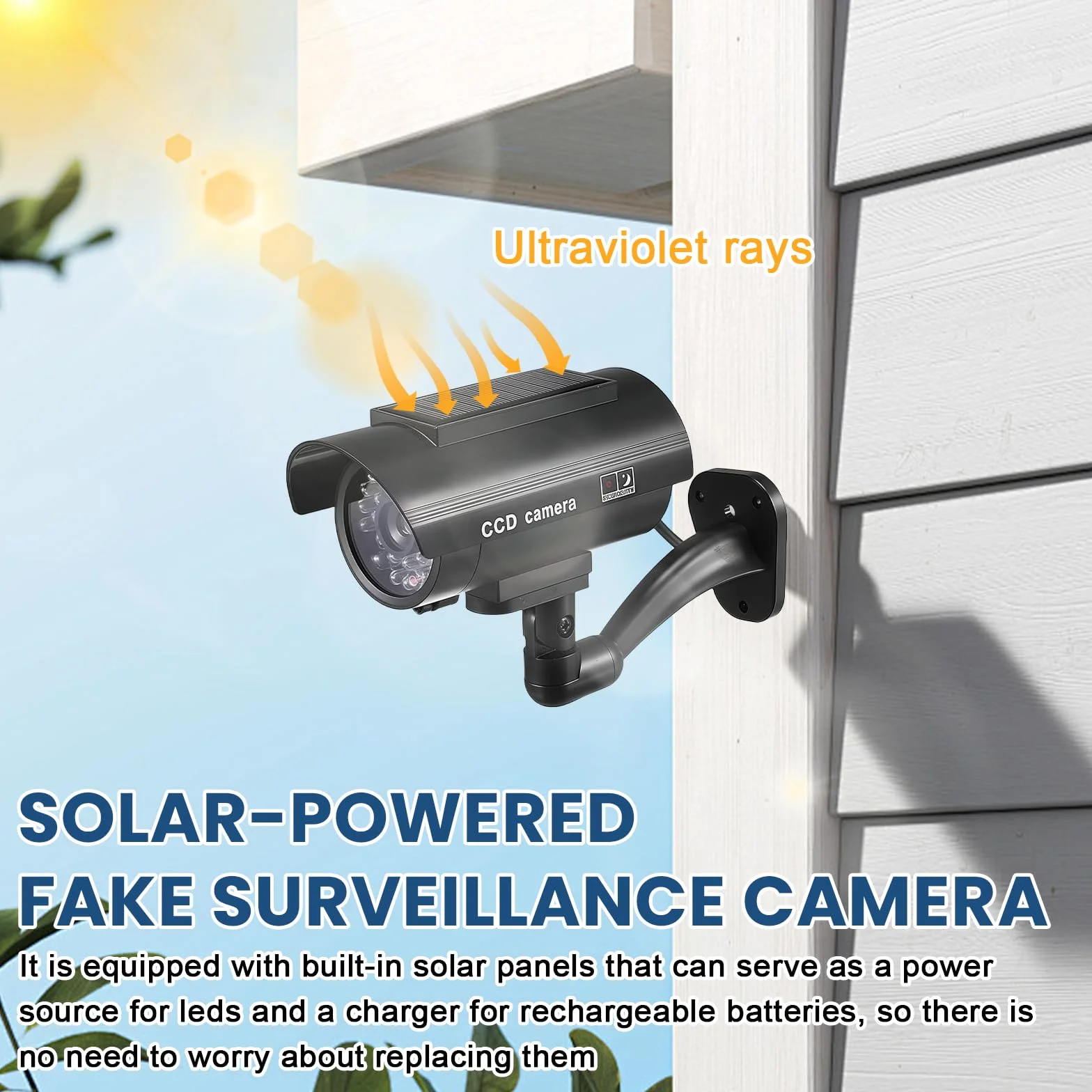 Sporgo 2 pièces Caméra factice Extérieur: Caméra de surveillance factice solaire avec lumière LED rouge clignotante, caméra de surveillance factice caméra de sécurité factice pour intérieur et