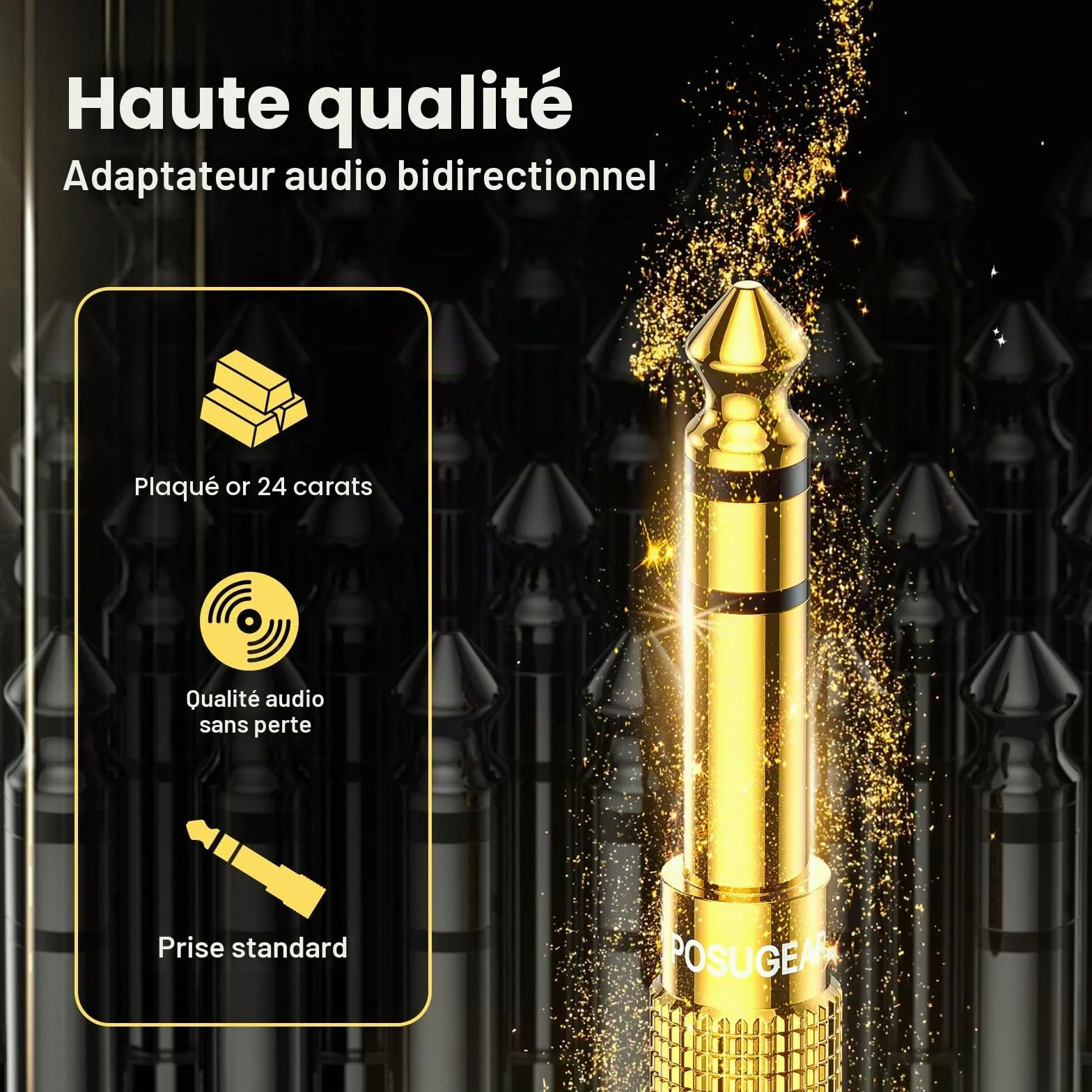 POSUGEAR Adaptateur Jack 6.35 mm Mâle vers 3.5 mm Femelle Audio Connecteur Stéréo Plaqué Or