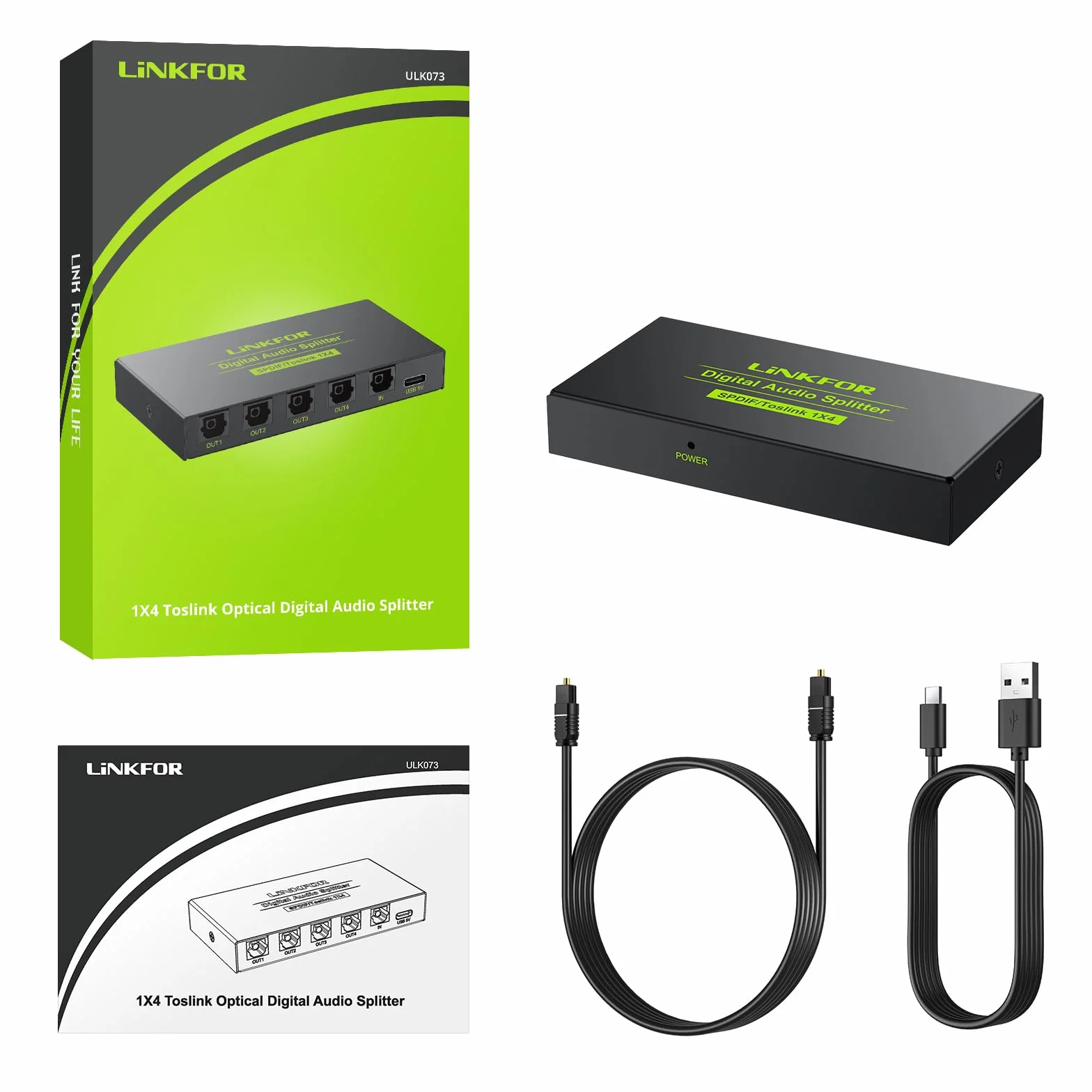 Switch Optique Audio, LiNKFOR 4x1 Commutateur Audio Toslink SPDIF Fibre Optique Numérique Switch Splitter Audio Support LPCM2.0 DTS Dolby-AC3 avec Câble Optique